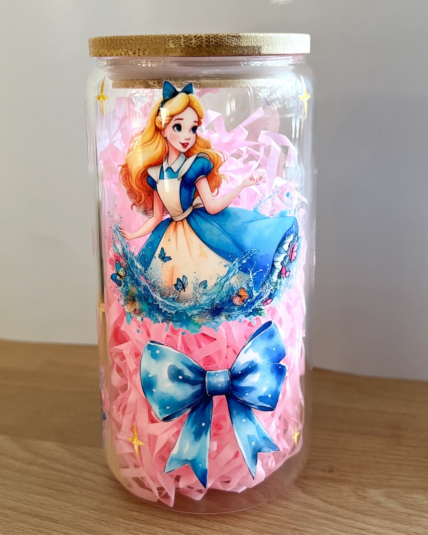 Whimsical Blue Bow 16oz clear glass tumbler