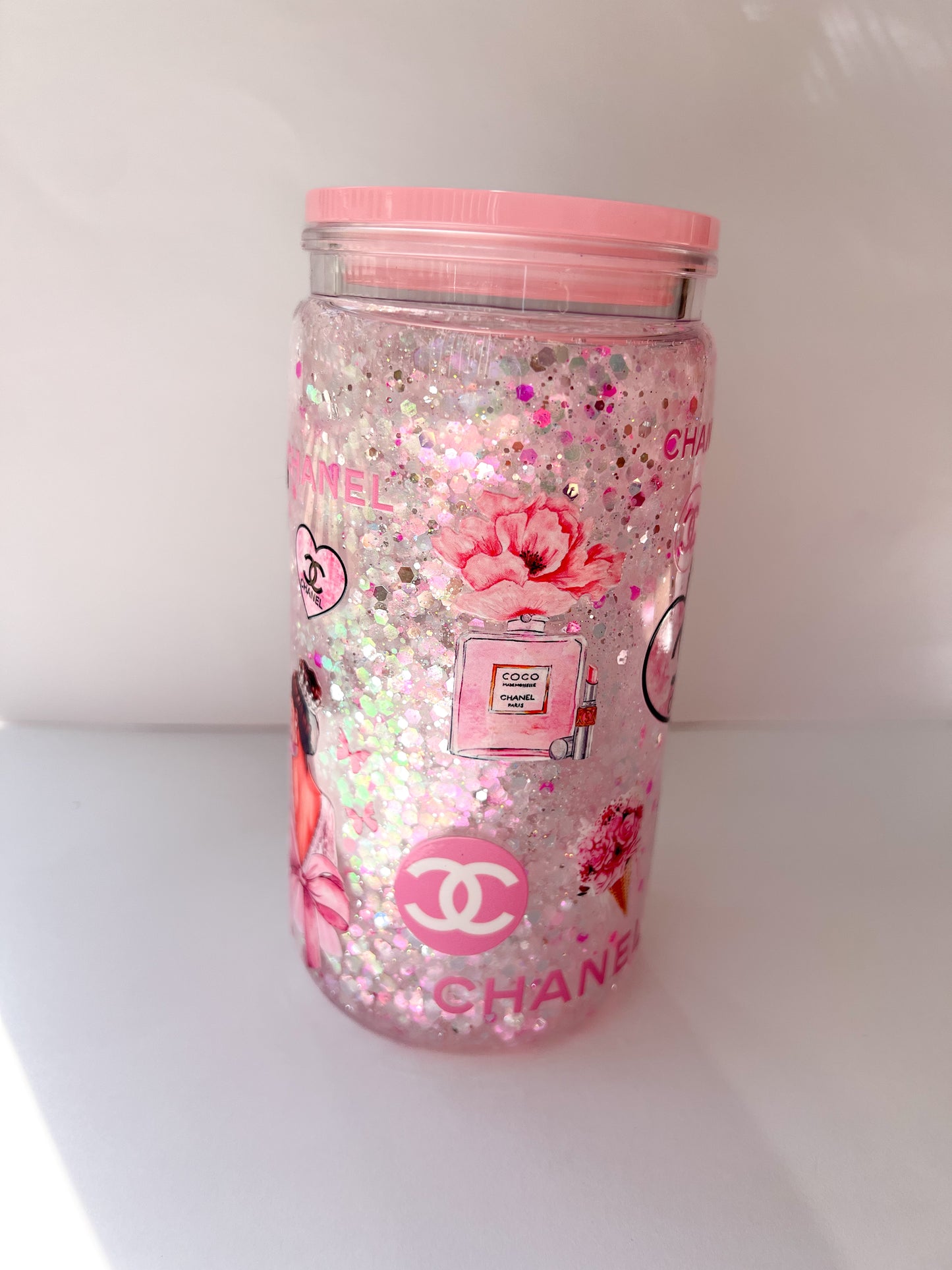 Glam Glitter Snow Globe Cup with Pink Accents
