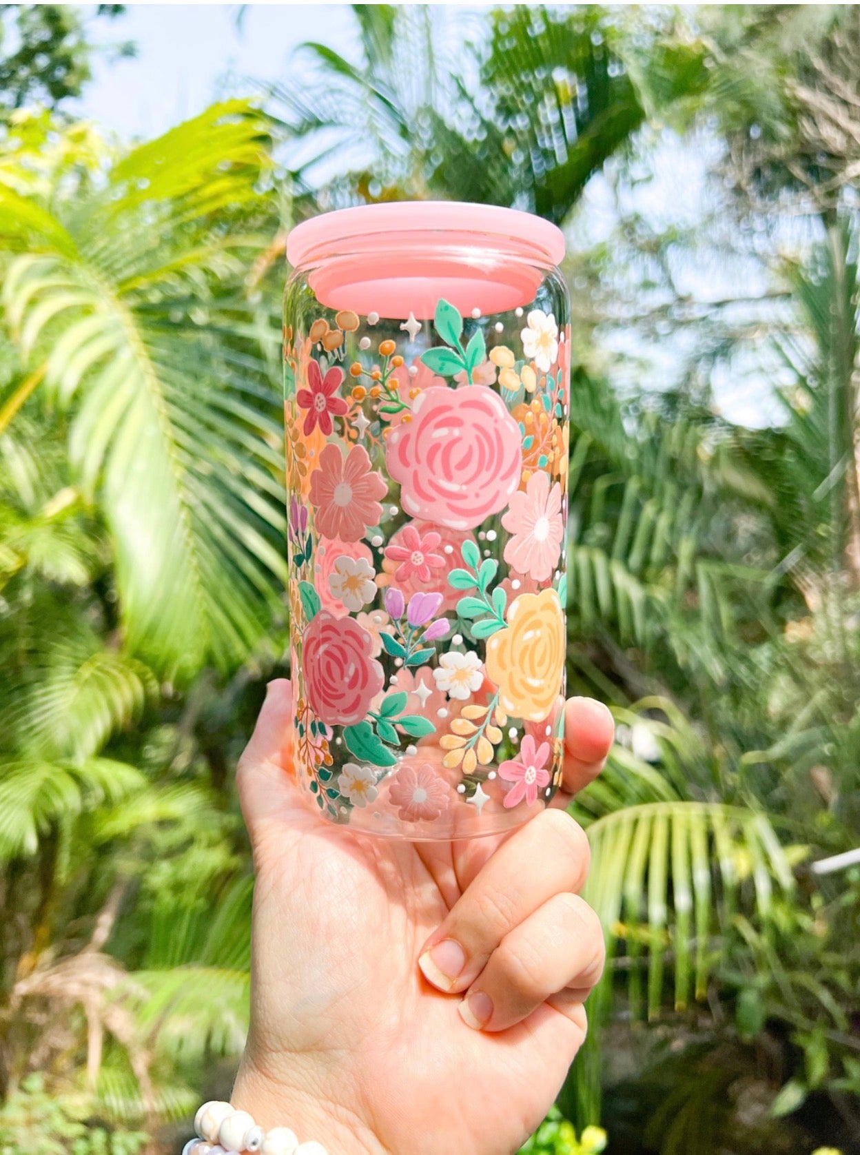 🌸✨ Garden Blooms Glass Can Tumbler 16oz