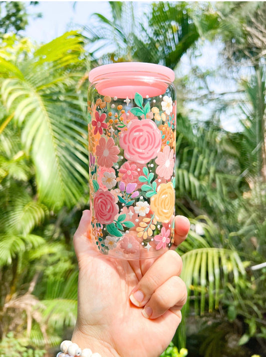 🌸✨ Garden Blooms Glass Can Tumbler 16oz