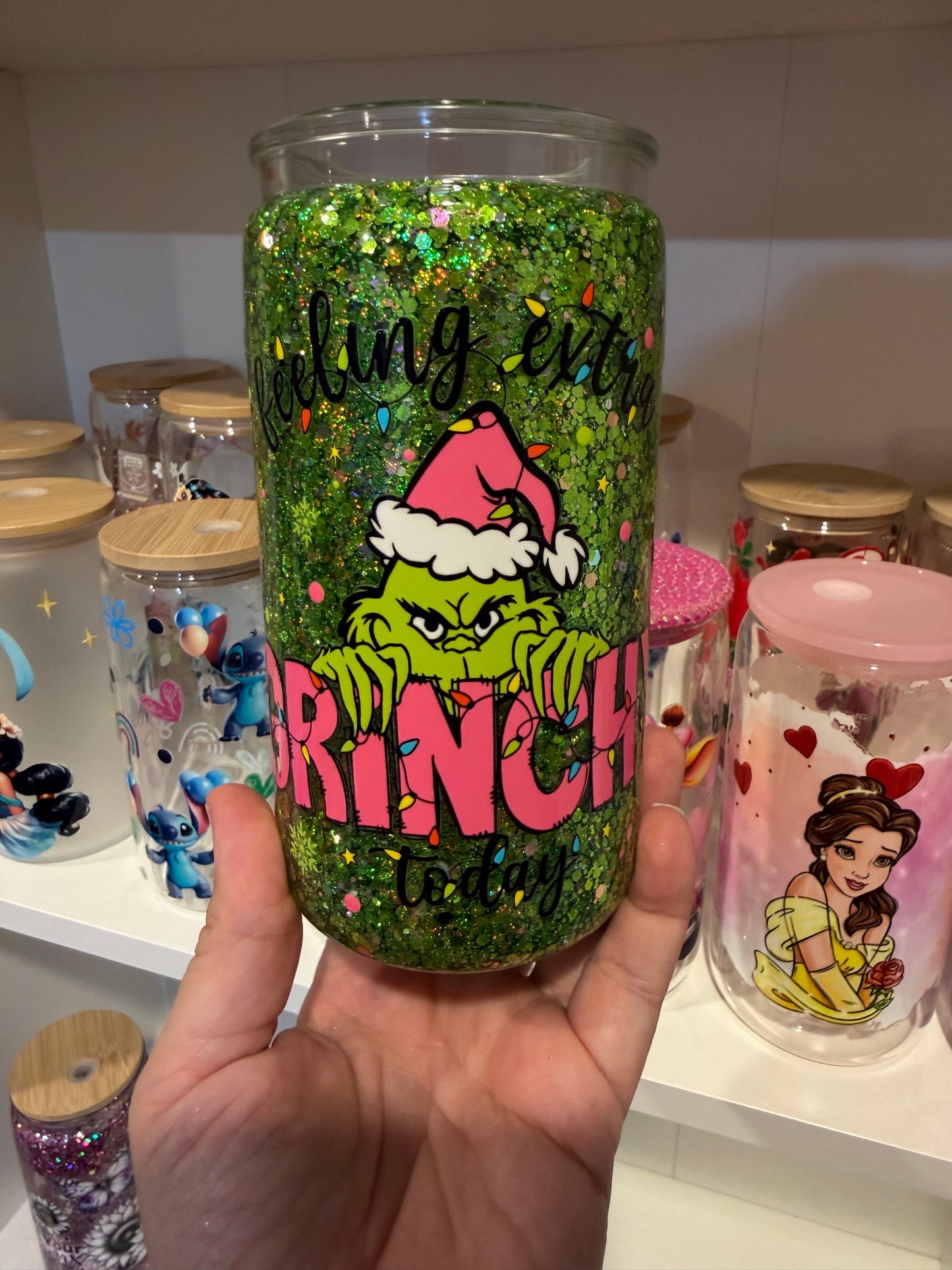 Feeling Extra Grinchy Today | Green Glitter Christmas Snow Globe Tumbler