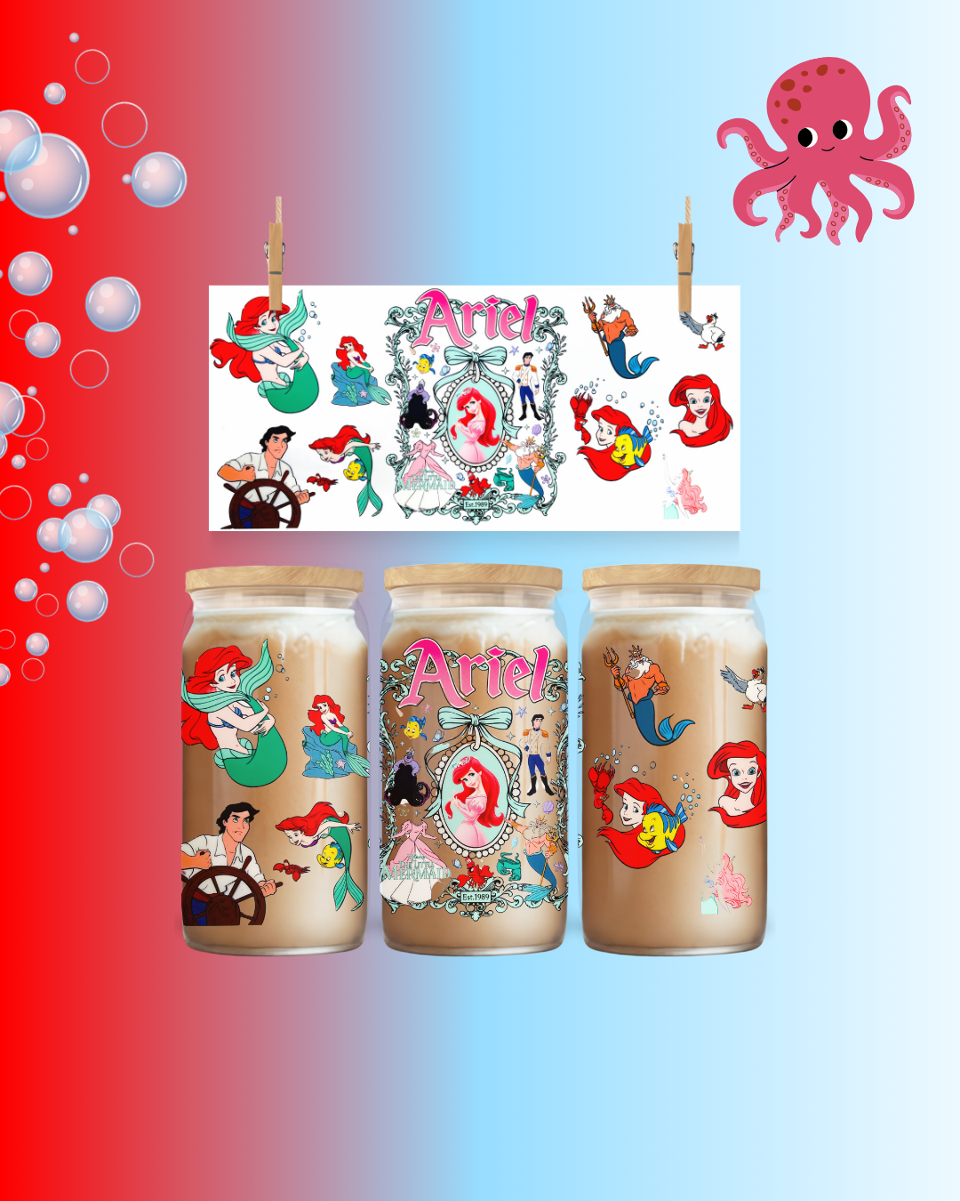 Mermaid Princess UV DTF Cup Wrap - Wrap 16oz Glass Can Wrap