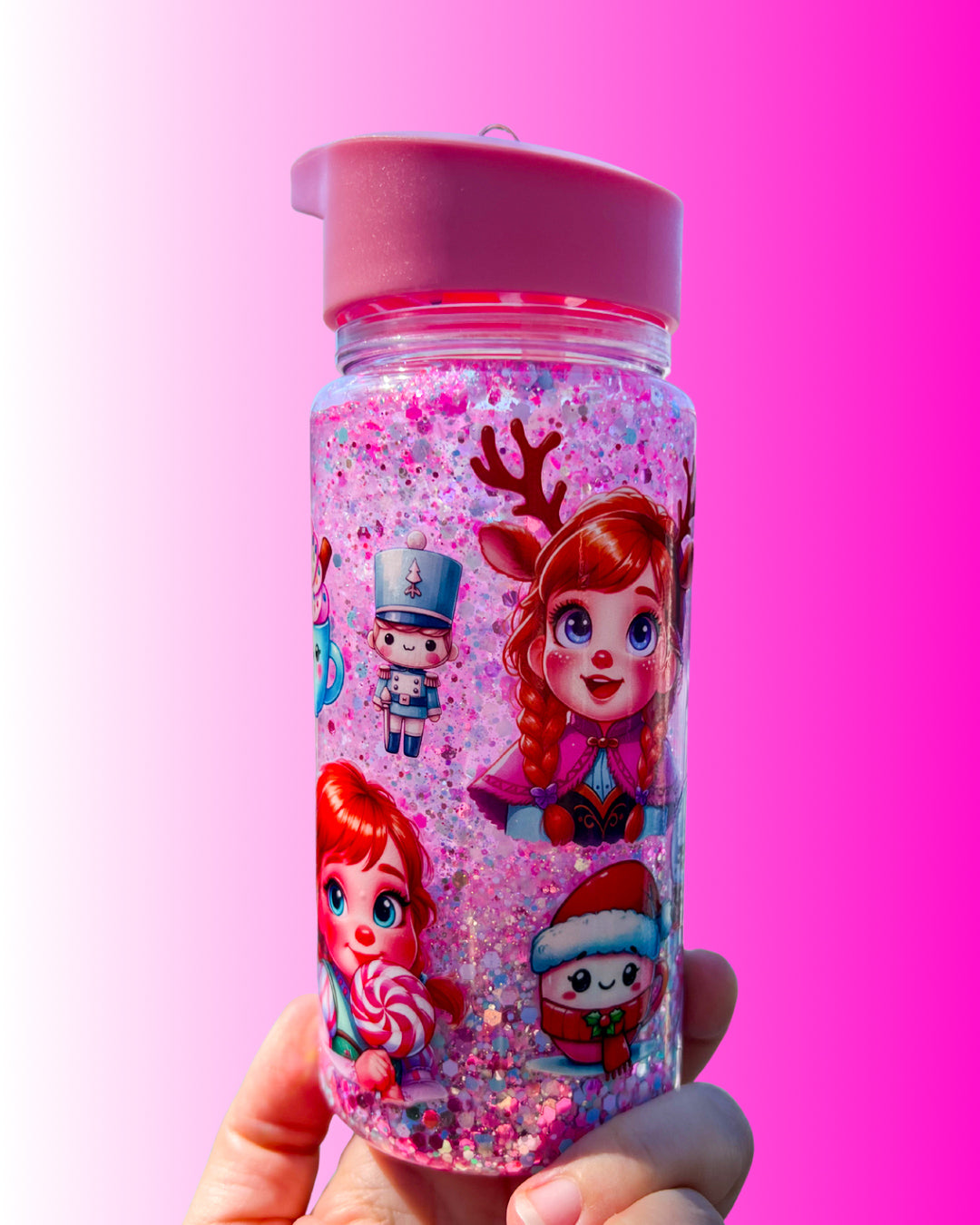 Christmas Glitter Water Bottle – Reindeer Girl Holiday Tumbler | Cute Kids Pink Sparkle Cup