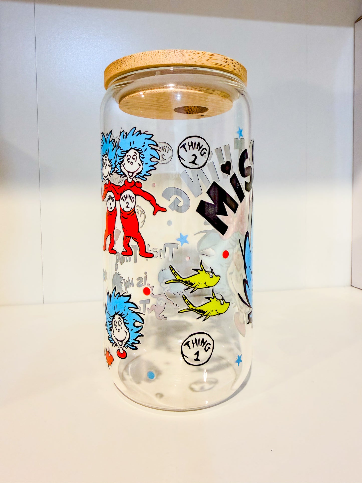 Thing 1 & Thing 2 Teacher 16oz Glass Can Cup – Dr. Seuss Inspired Glass Tumbler with Bamboo Lid