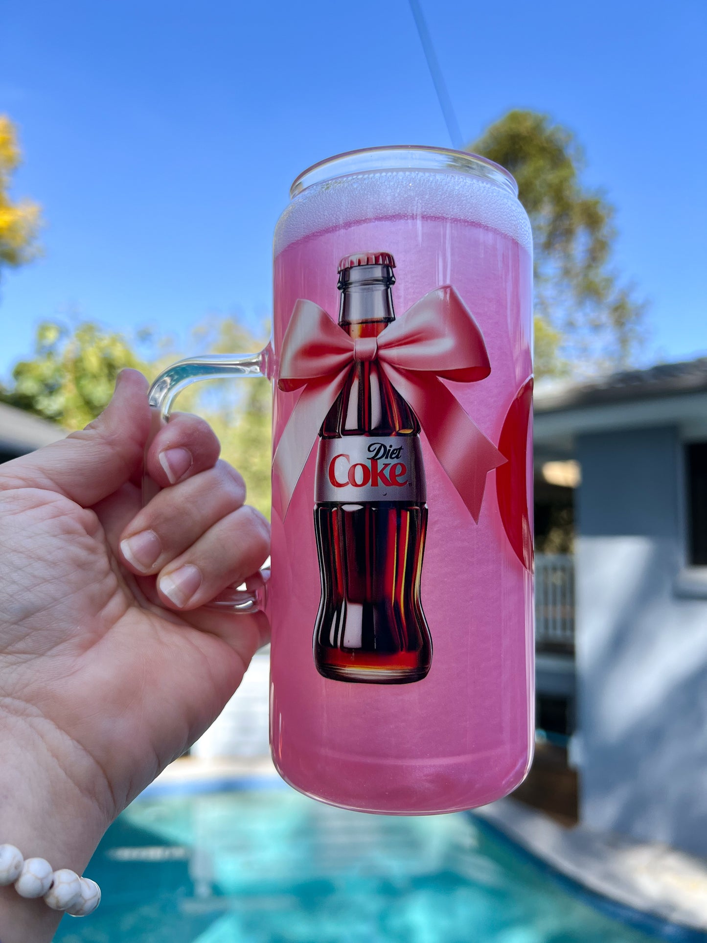 Pink Fizzy Drink Glimmer Glass Cup 20oz with handle