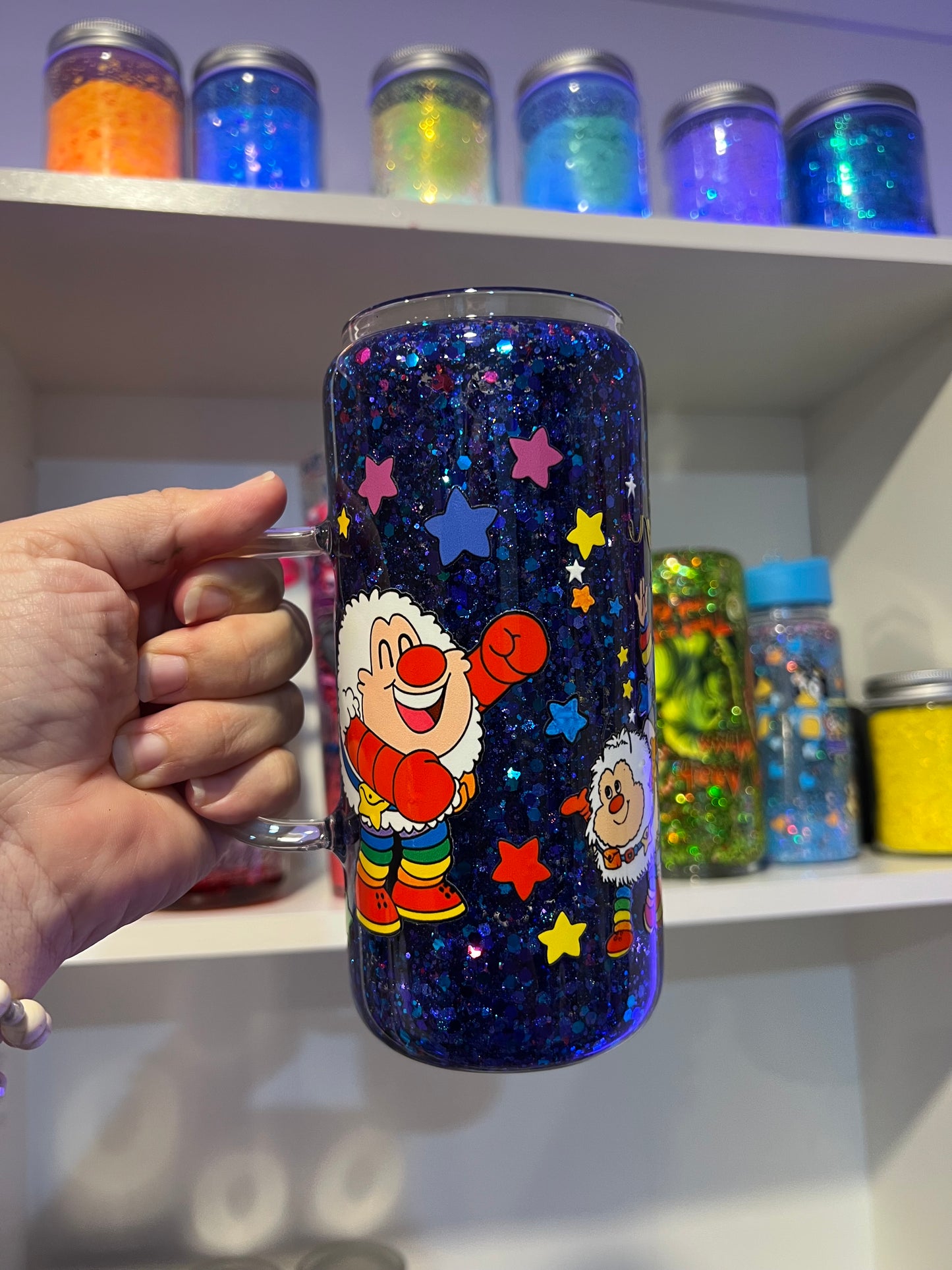 Brite Sparkle Tumbler – 80s Retro Magic Glitter Cup 20oz Glass Snow Globe with handle