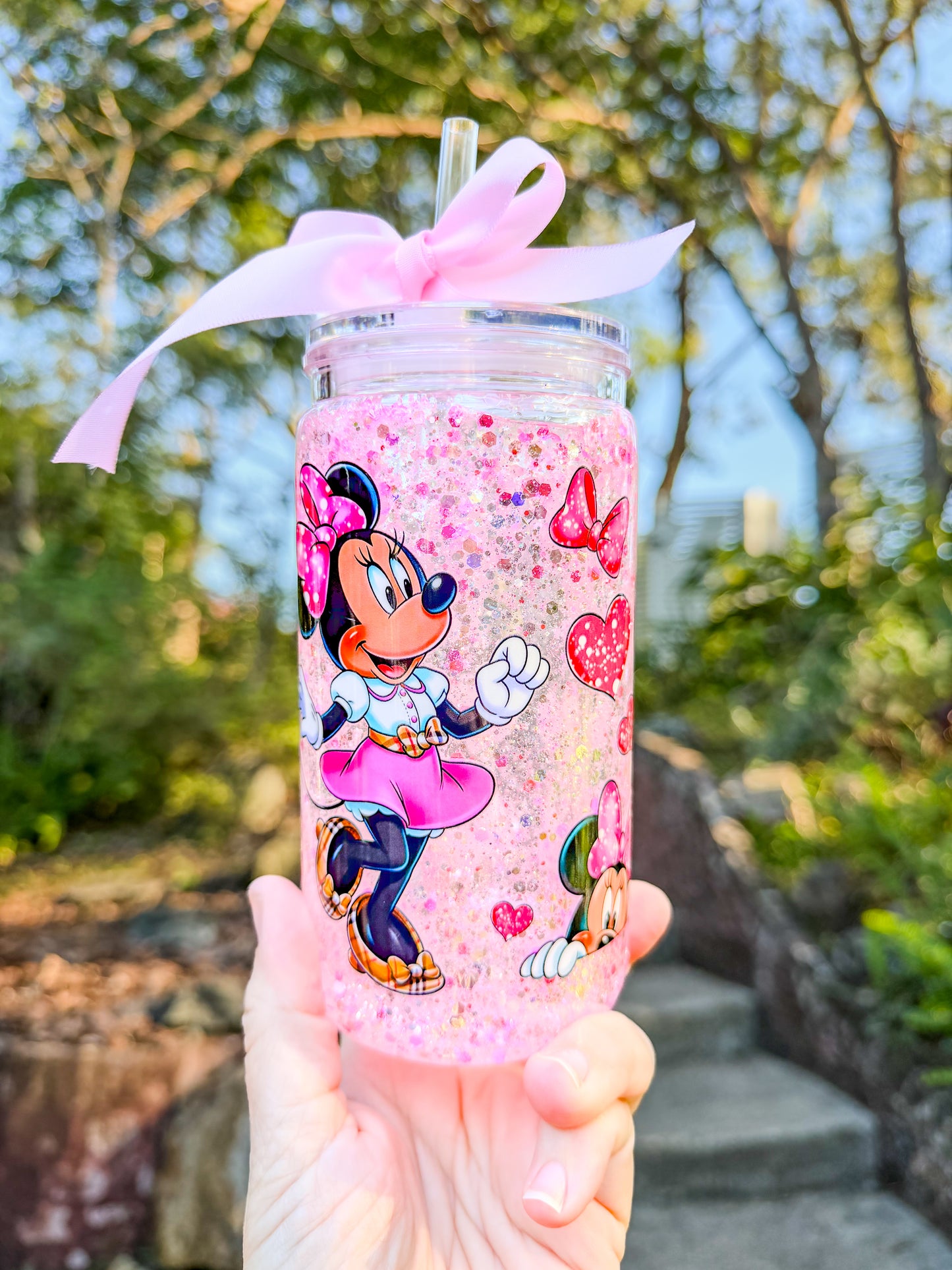 Magical Minnie Pink Glitter Snow Globe Tumbler – 16oz Acrylic | Suspended Glitter Flow