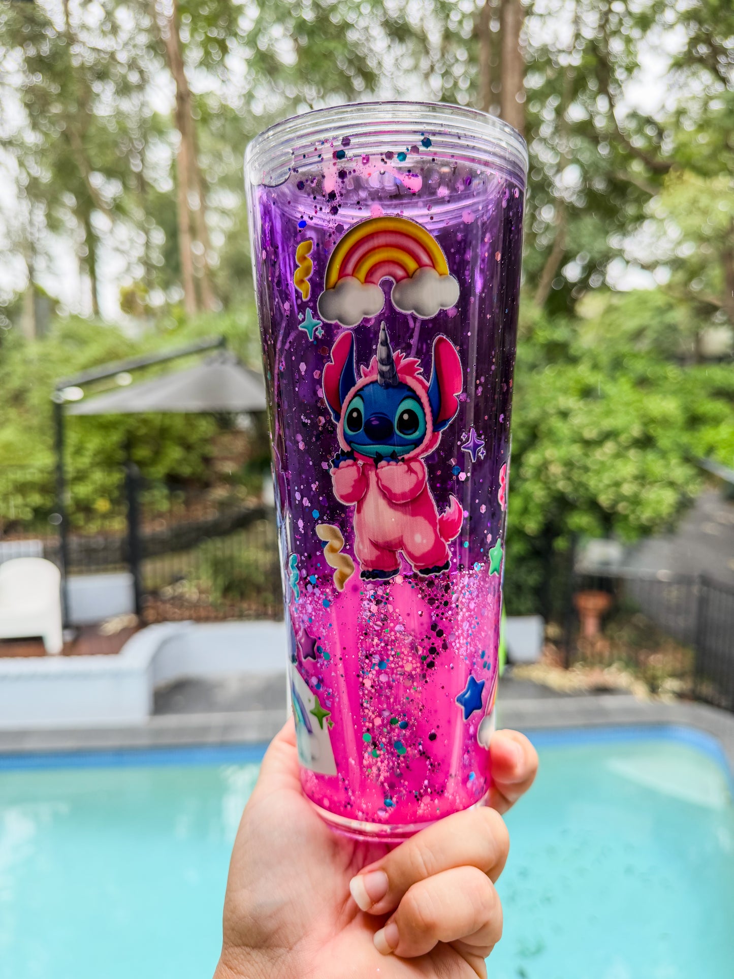 Cosmic Unicorn Lava Drip Snow Globe Stadium Cup – 24oz Purple & Pink Glitter Magic Cup