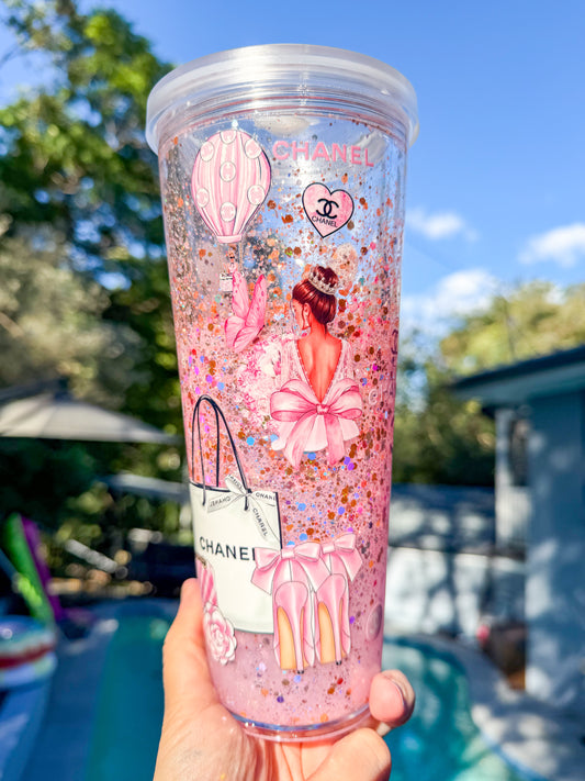 Glam Glitter Snow Globe Cup with Pink Accents