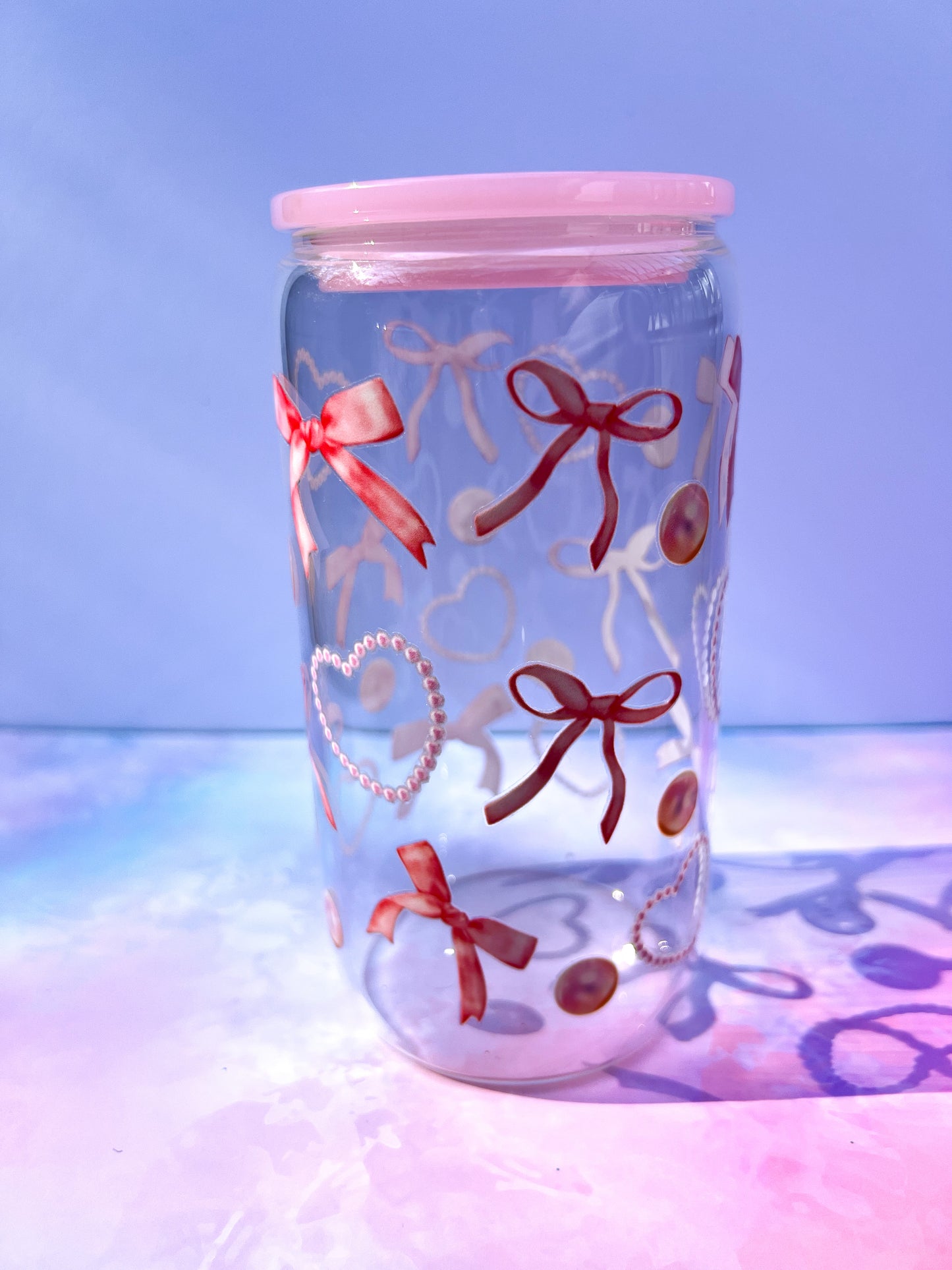 Pink Bow & Pearl Heart Glass Tumbler – Optional Pink Lid