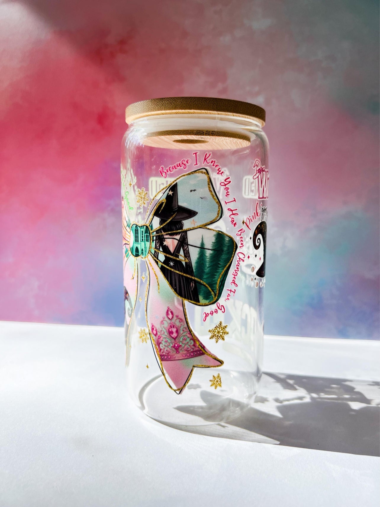 Wicked-Inspired Broadway Glass Tumbler – 16oz Cup with Glinda & Elphaba Design