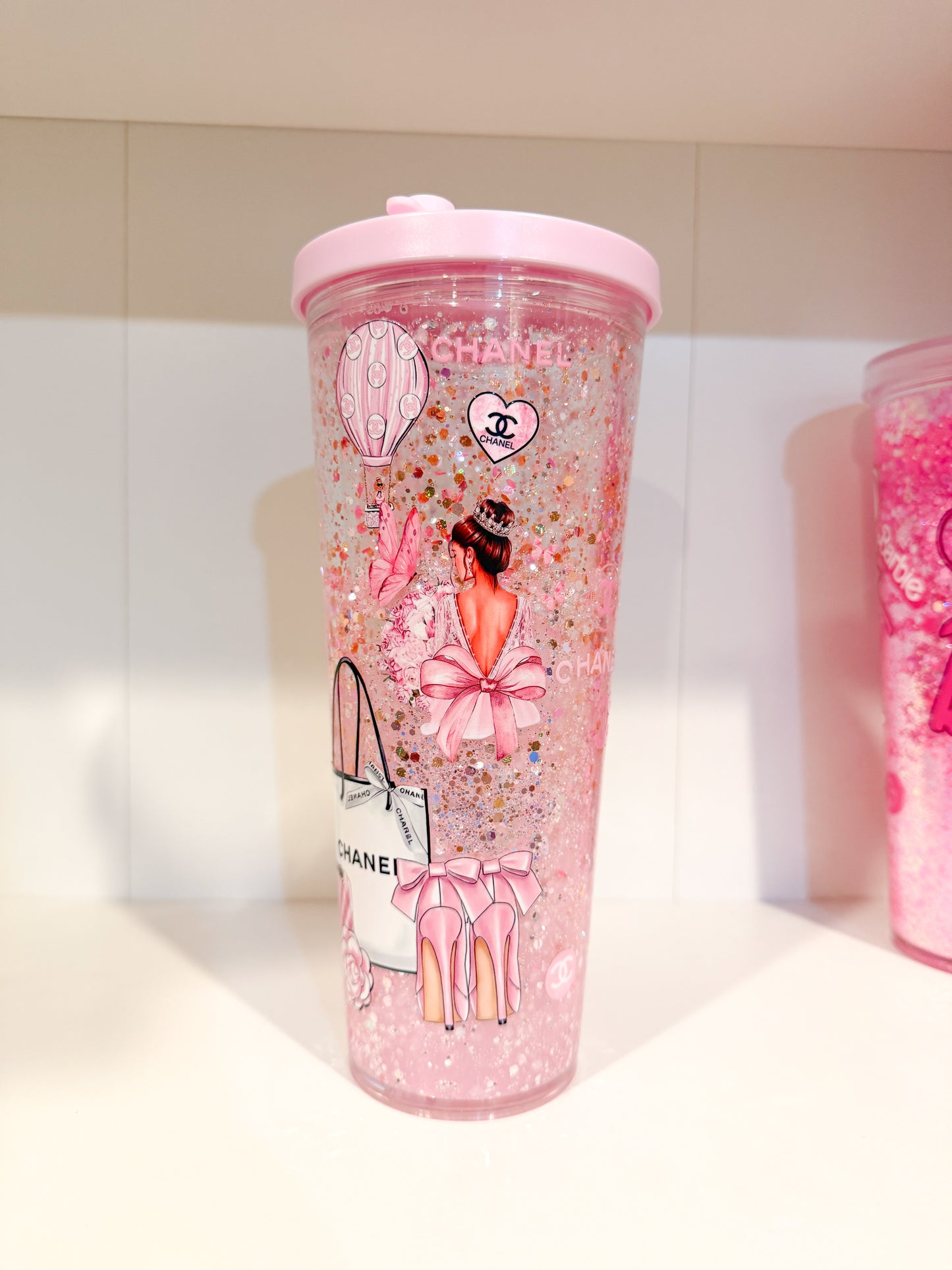 Glam Glitter Snow Globe Cup with Pink Accents