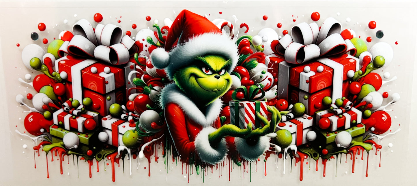 Grinch with Christmas Gifts UV DTF Cup Wrap – to suit 16oz tumbler