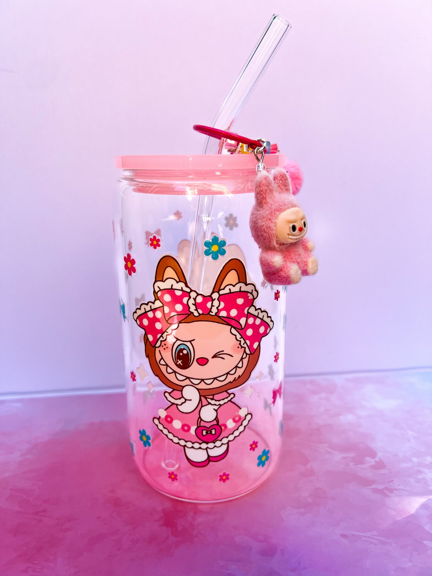 Cheeky Magic PINK with keychain – 16oz clear glass tumbler