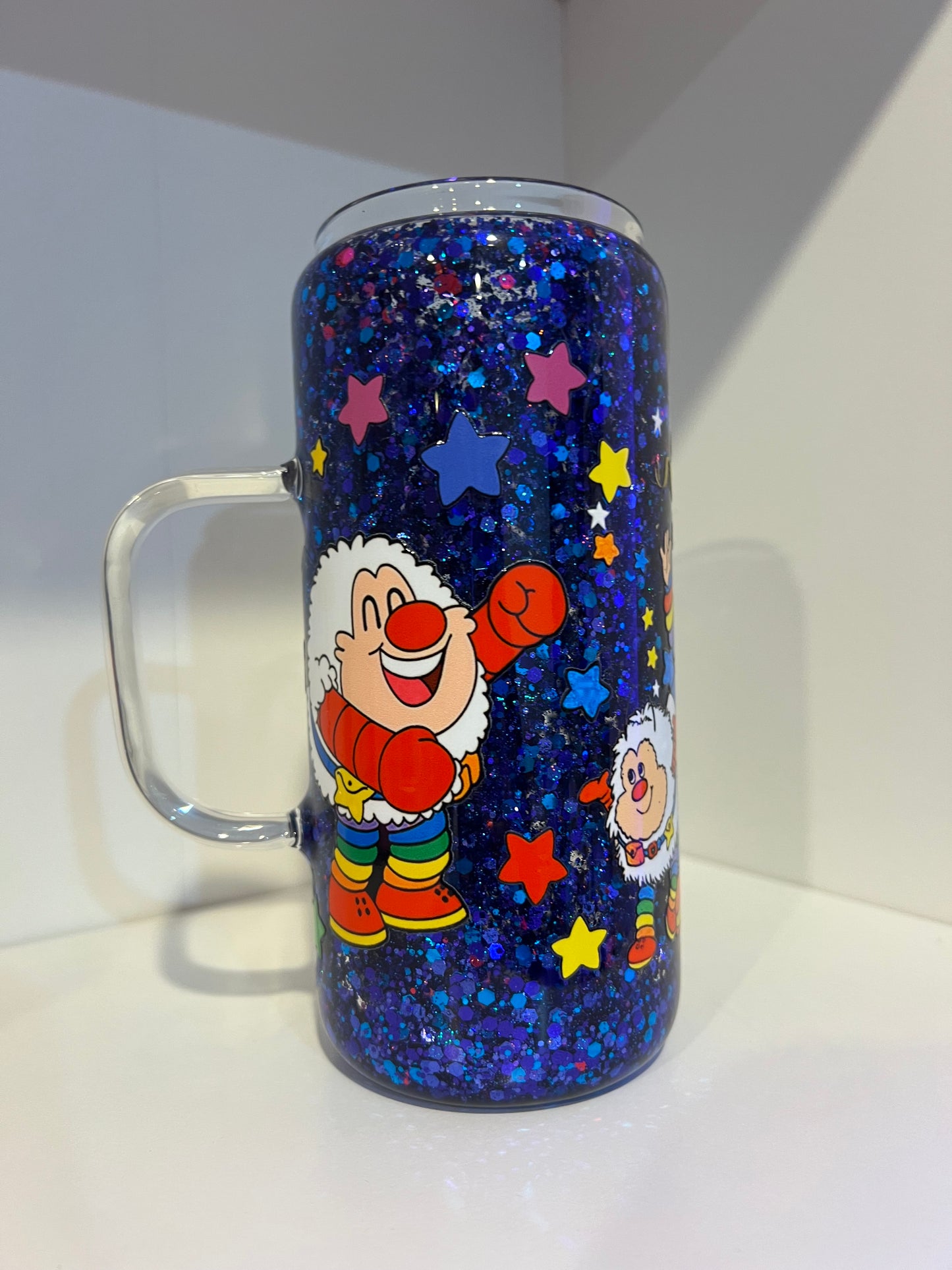 Brite Sparkle Tumbler – 80s Retro Magic Glitter Cup 20oz Glass Snow Globe with handle
