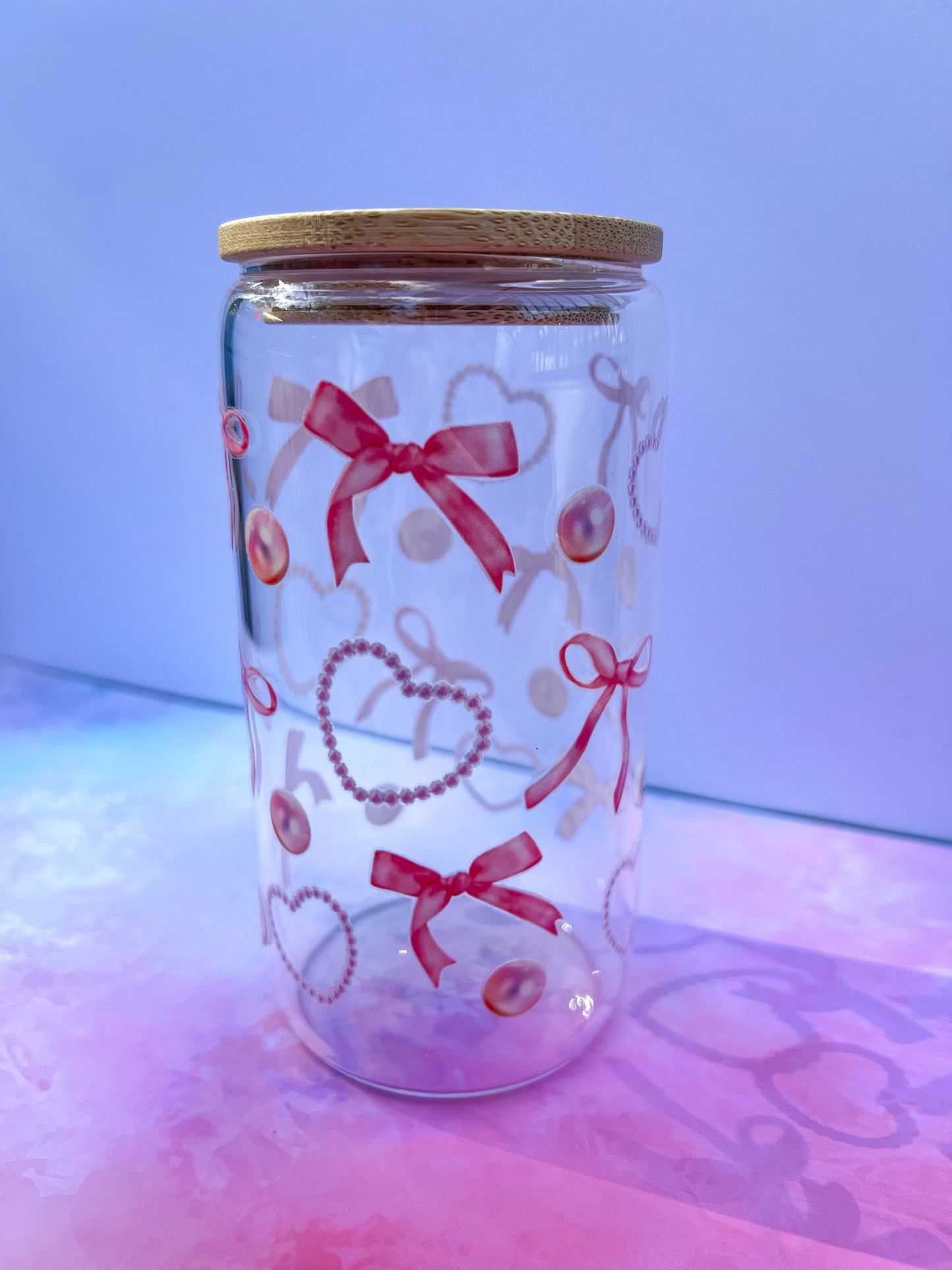 Pink Bow & Pearl Heart Glass Tumbler – Optional Pink Lid