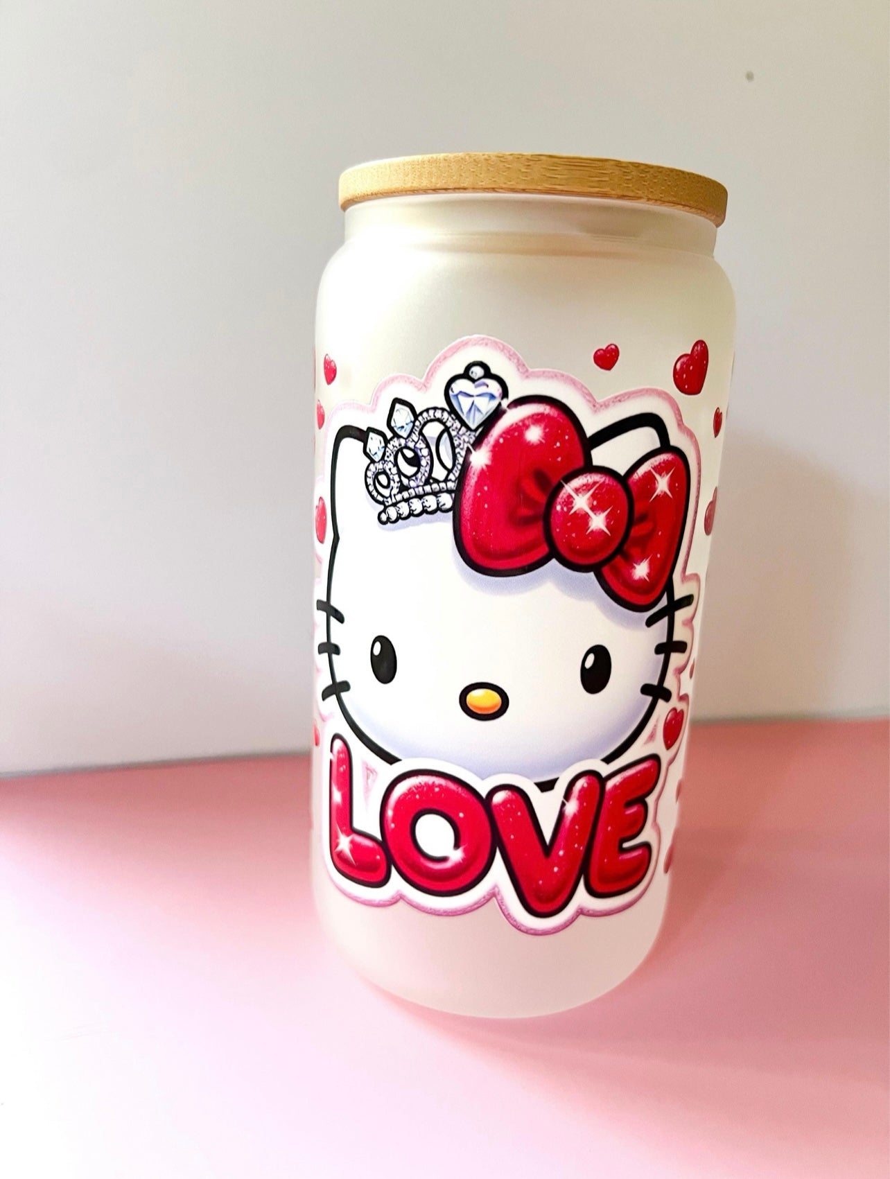 Kitty "LOVE" Frosted Glass Tumbler with Optional Red Lid