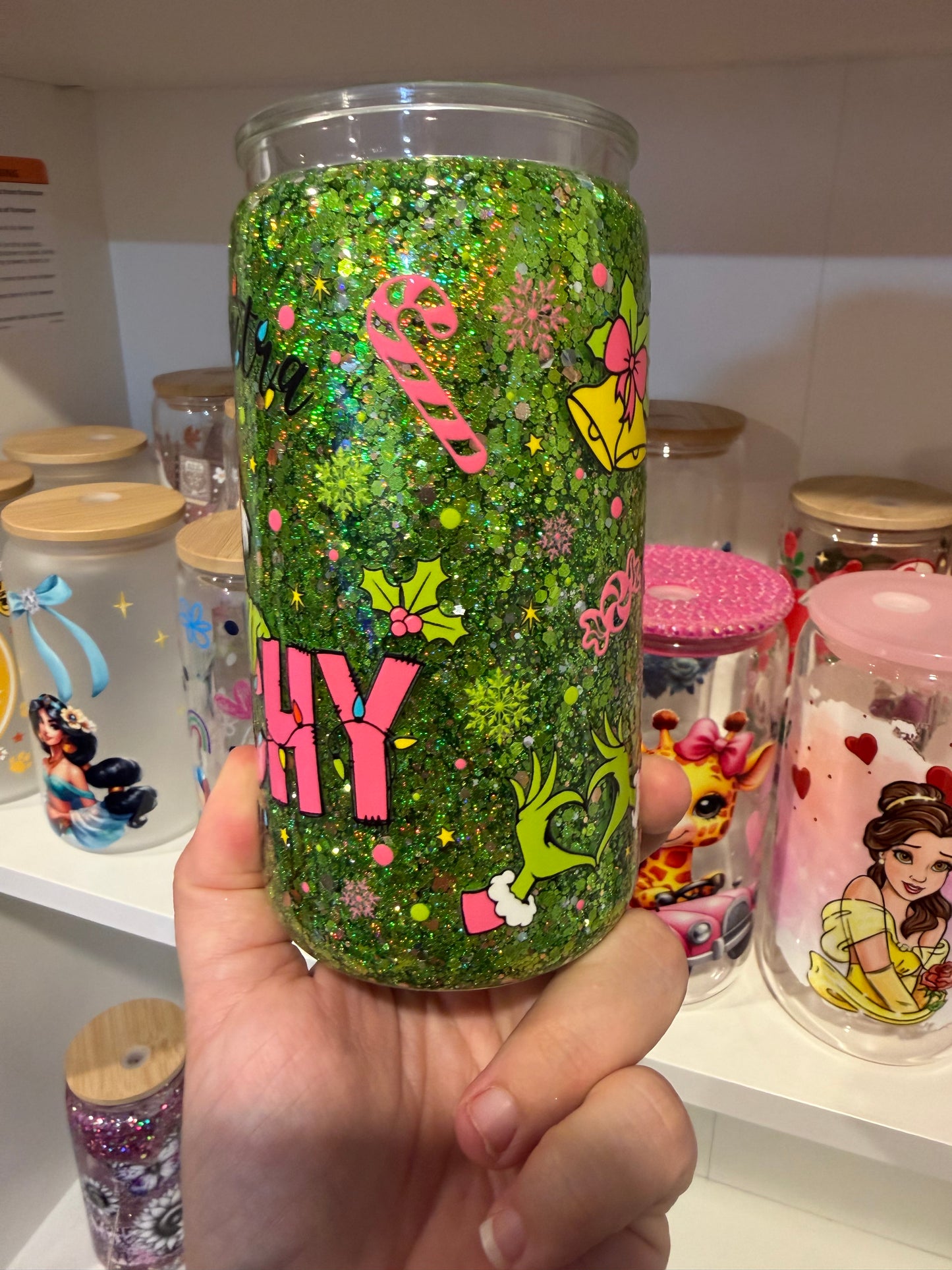 Feeling Extra Grinchy Today | Green Glitter Christmas Snow Globe Tumbler