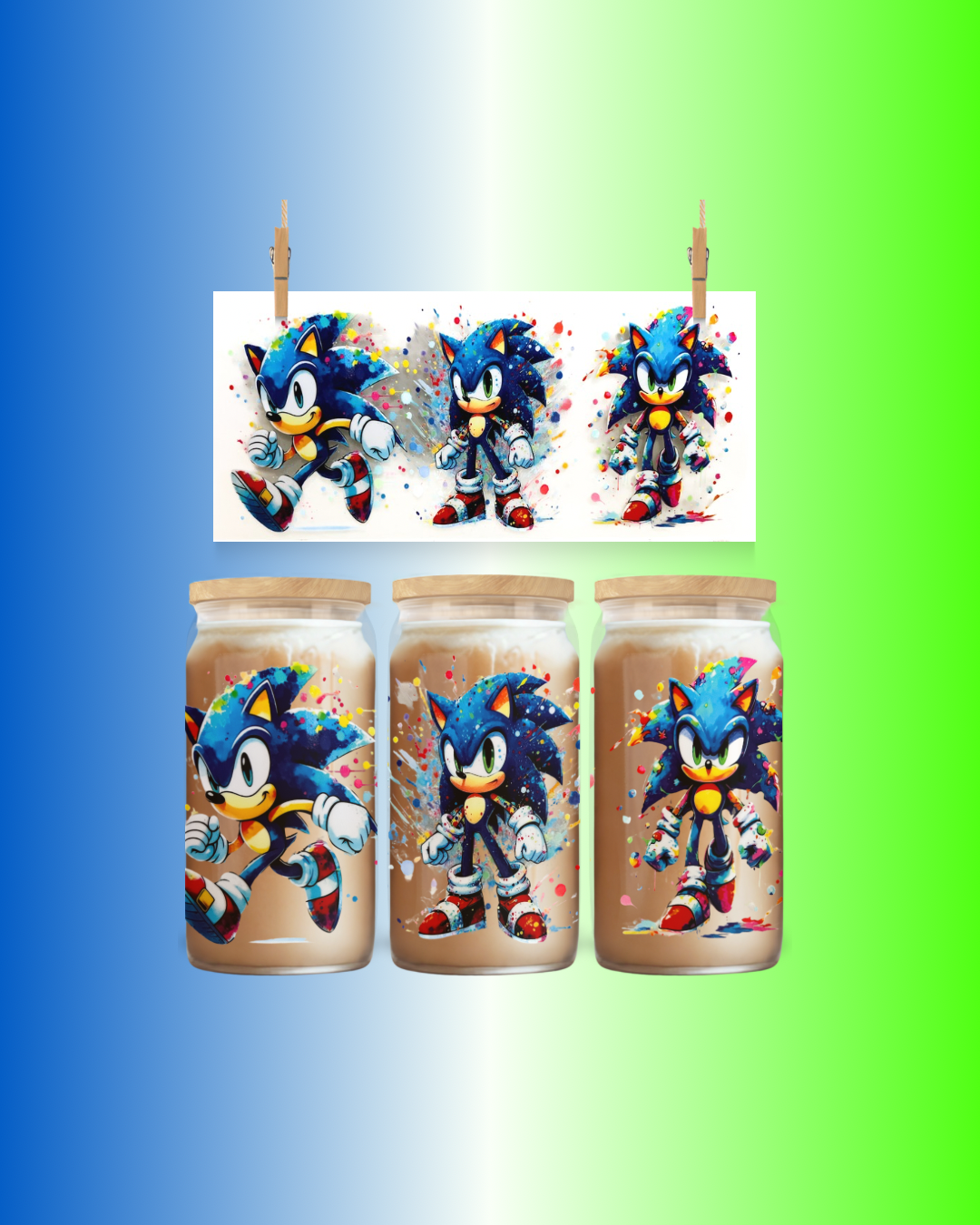 Sonic Speed Splash - UV DTF Wrap to suit 16oz tumbler