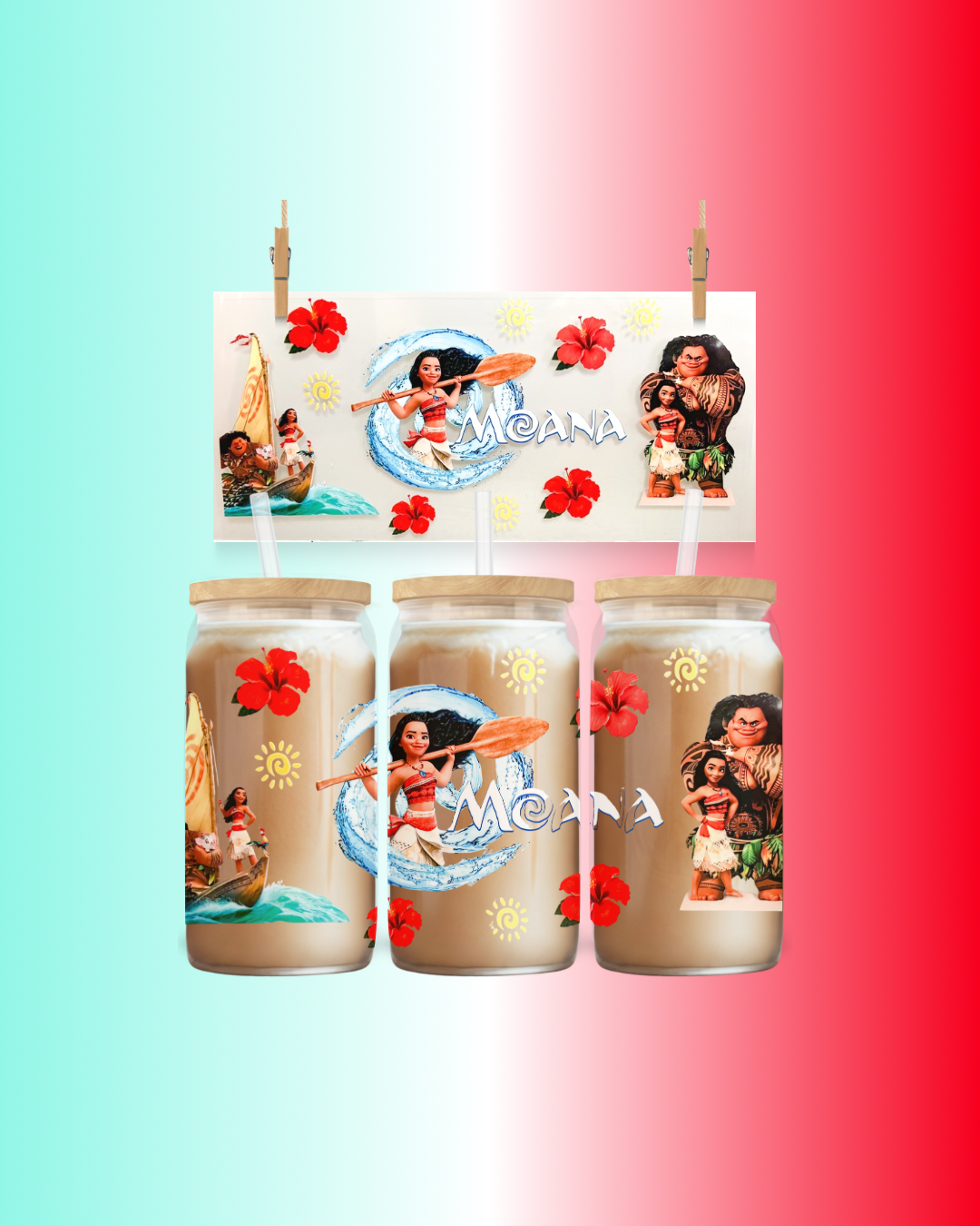 Moana Island Flower Princess UV DTF Cup Wrap – Fits 16oz Glass Can