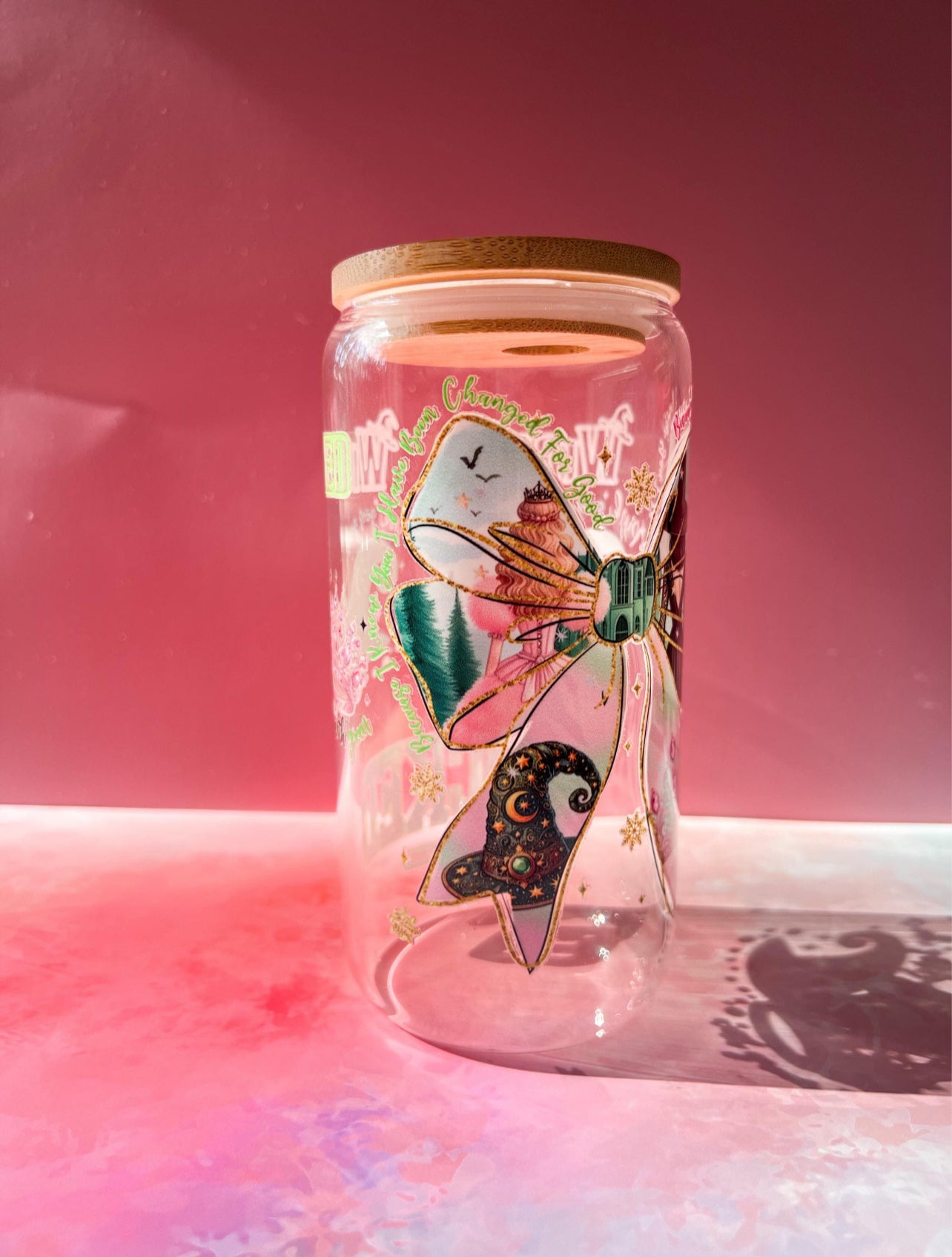 Wicked-Inspired Broadway Glass Tumbler – 16oz Cup with Glinda & Elphaba Design