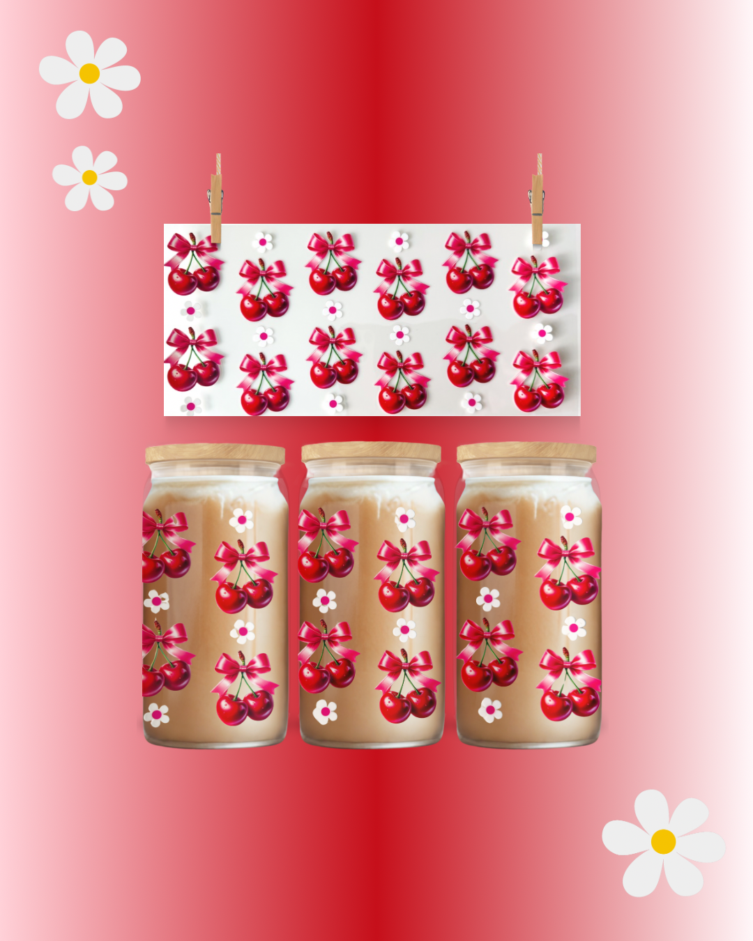 Cherries and Bows Wrap – 16oz UVDTF Cup Wrap