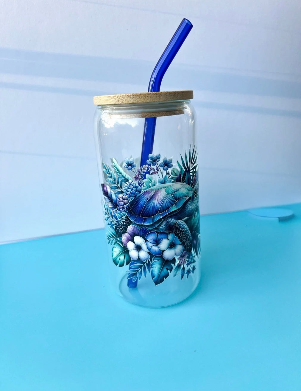 Sea Turtle Glass Can Cup – 20oz | Bamboo Lid Included | Optional Glass Straws + Lid Upgrades