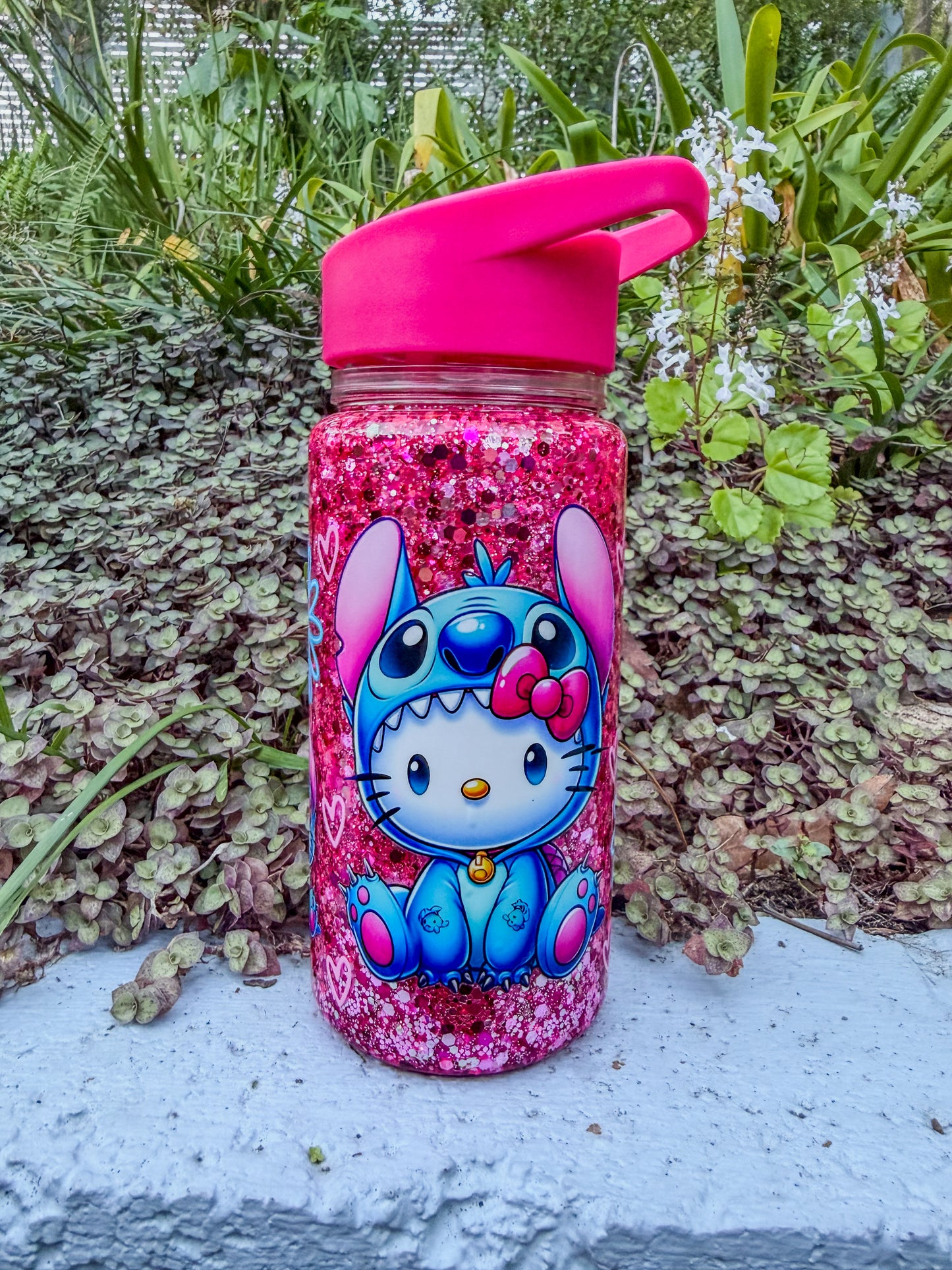 10oz Stitch & Hello Kitty Glitter Kids Water Bottle – Pink Sparkle Bottle with Straw Lid – Cute Kids Drink Bottle