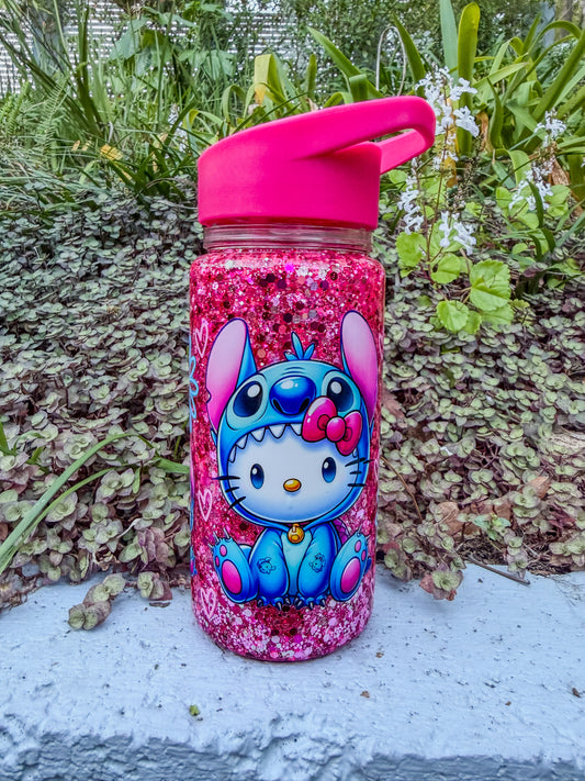 10oz Stitch & Hello Kitty Glitter Kids Water Bottle – Pink Sparkle Bottle with Straw Lid – Cute Kids Drink Bottle