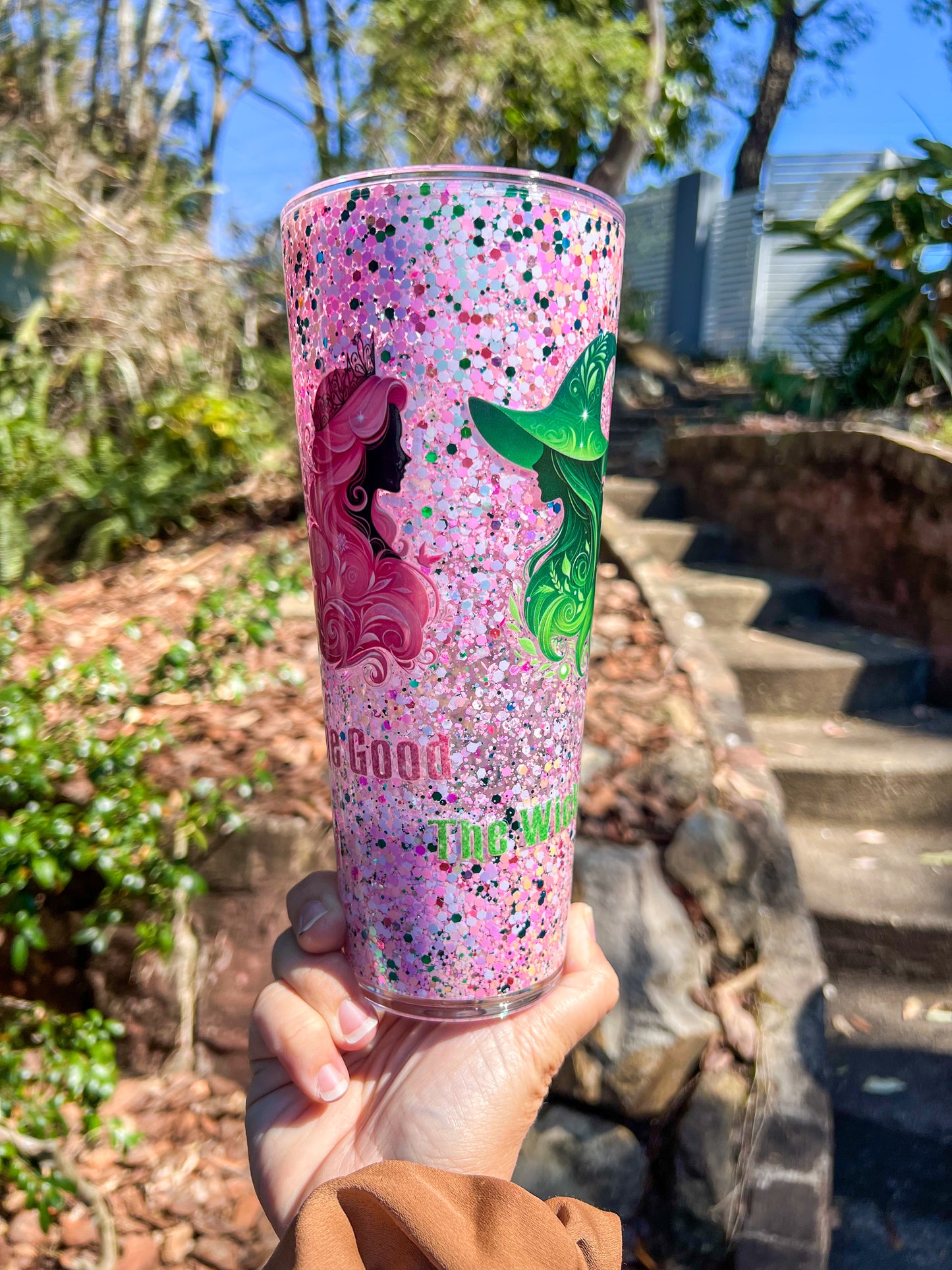 ✨Fairytale Glitter Tumbler – Pink Princess & Green Witch Cup with Sparkle Bows | 24oz Custom Glitter Cup