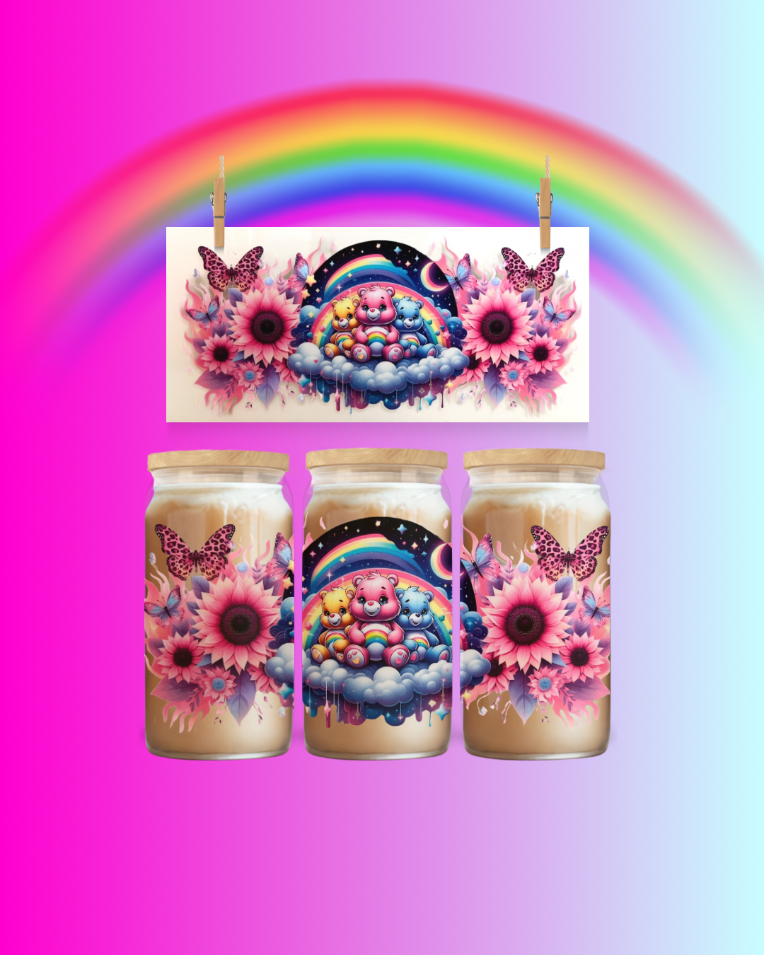Rainbow Cloud Bears with Butterflies UVDTF cup wrap to suit 16 ounce tumbler 🌈🧸🦋