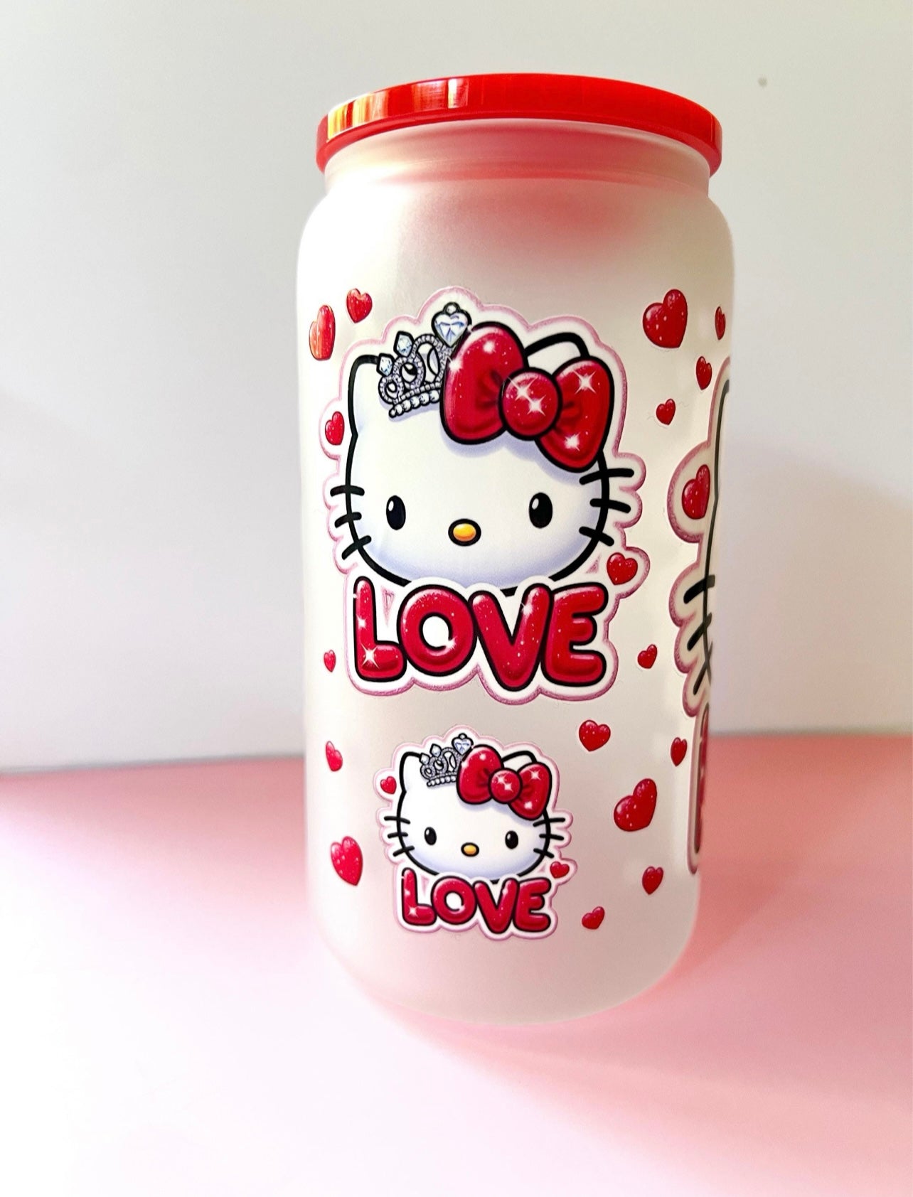 Kitty "LOVE" Frosted Glass Tumbler with Optional Red Lid