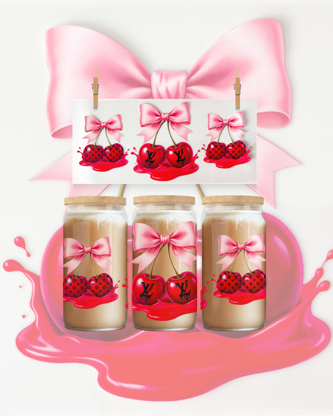 Cherry Drip Bow – UV DTF 16oz Cup Wrap