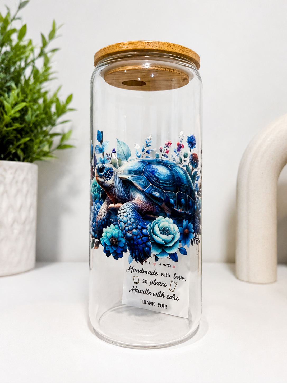 Sea Turtle Glass Can Cup – 20oz | Bamboo Lid Included | Optional Glass Straws + Lid Upgrades