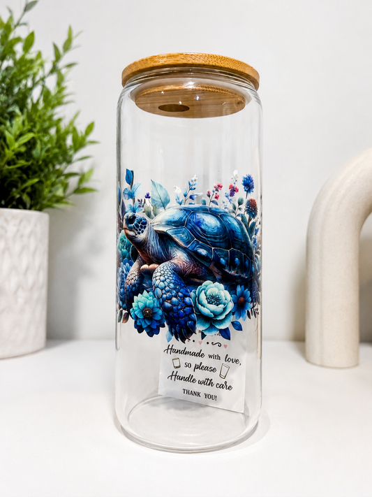 Sea Turtle Glass Can Cup – 20oz | Bamboo Lid Included | Optional Glass Straws + Lid Upgrades