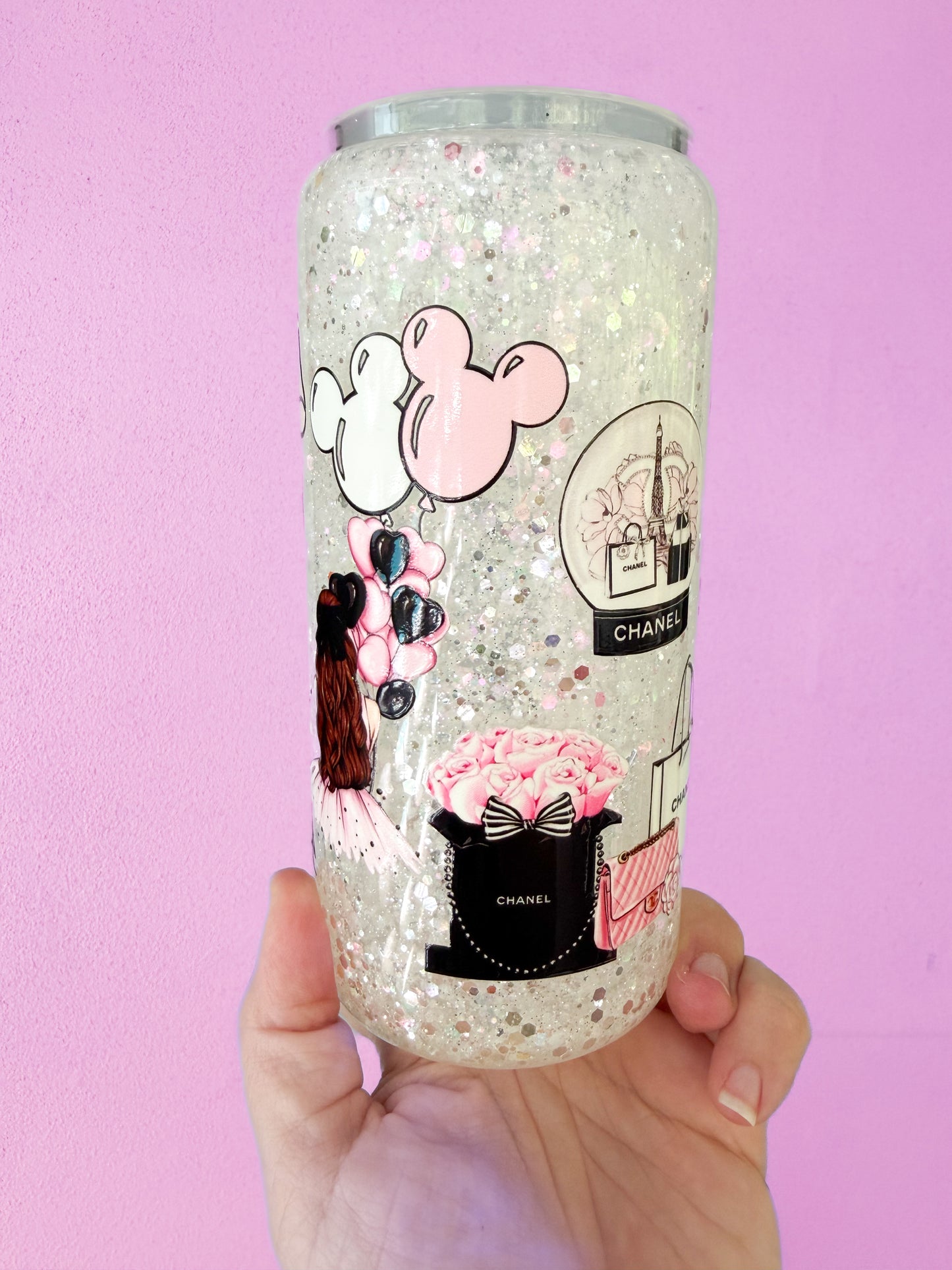 Glass White Glam Snow Globe Cup 20oz with handle