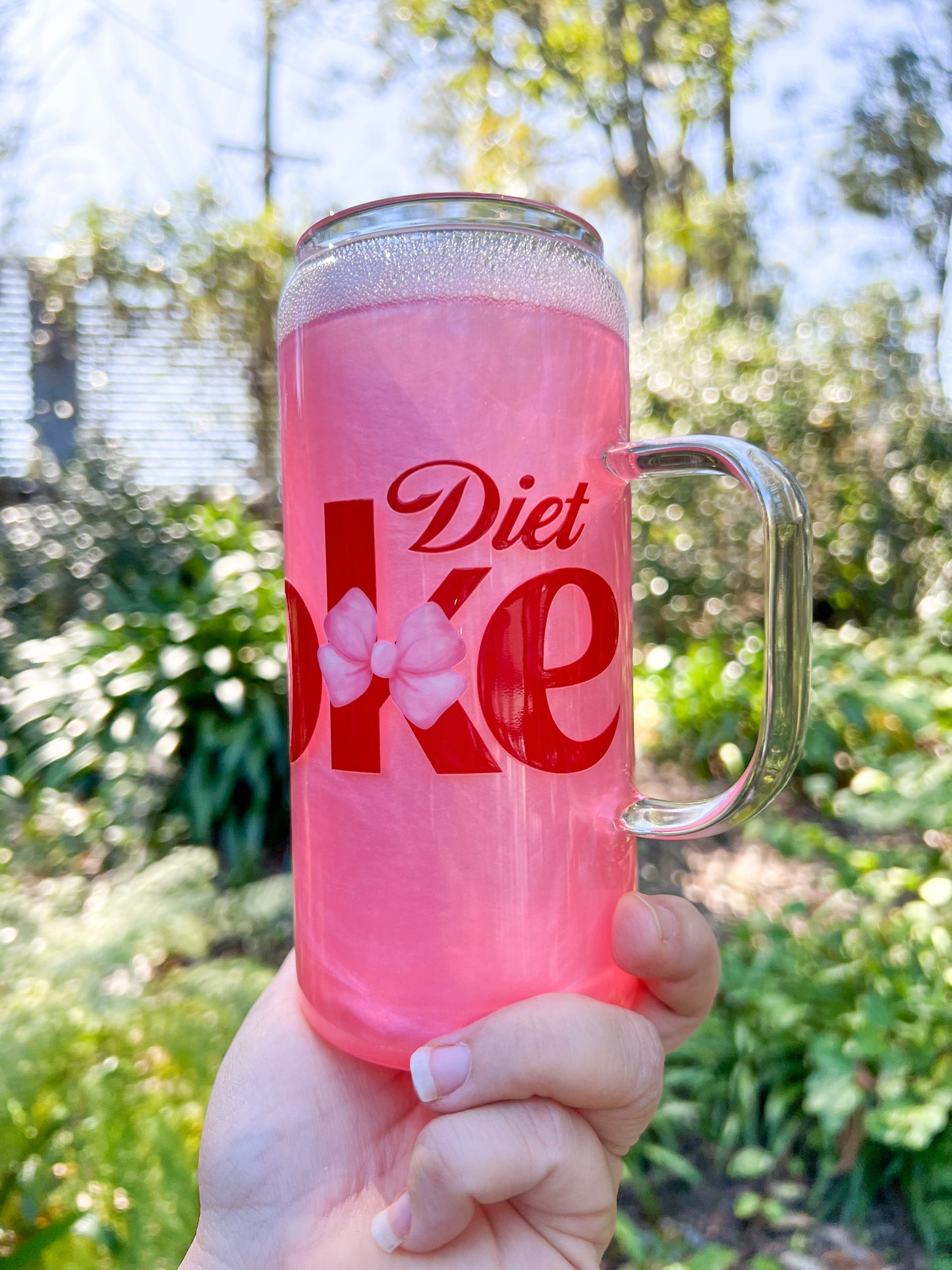 Pink Fizzy Drink Glimmer Glass Cup 20oz with handle