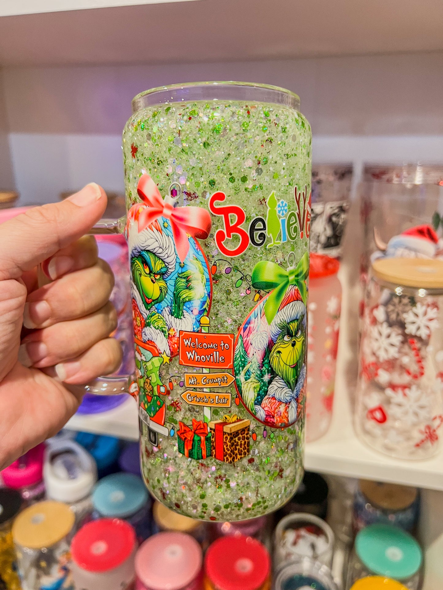 Grinch Whoville Christmas 20oz Glass Snow Globe Tumbler With Handle