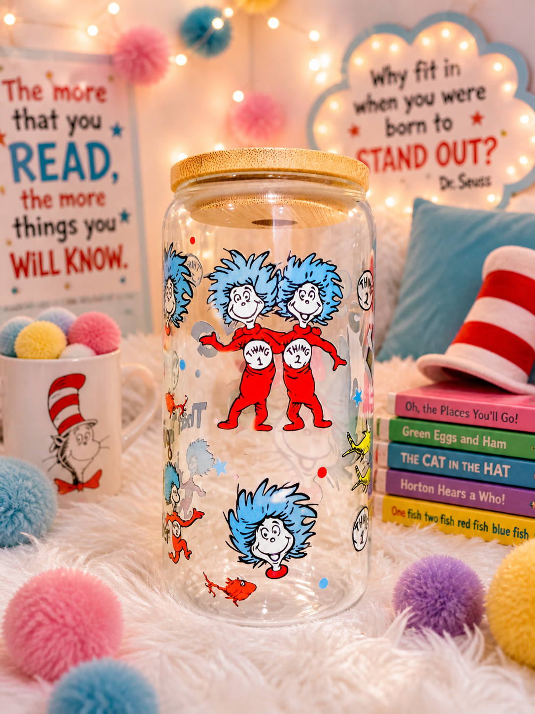 Thing 1 & Thing 2 Teacher 16oz Glass Can Cup – Dr. Seuss Inspired Glass Tumbler with Bamboo Lid