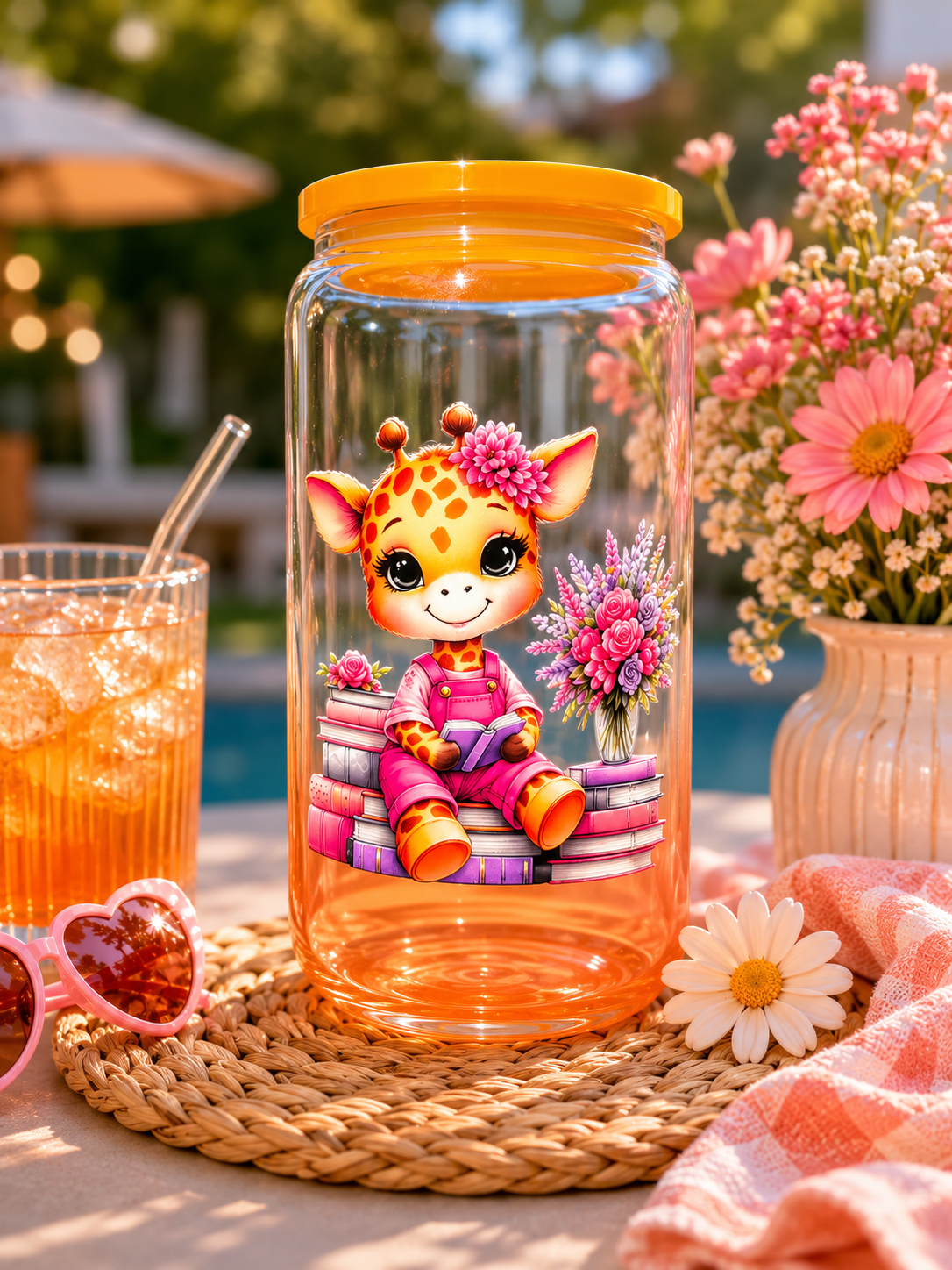 Baby Giraffe Floral Ombre Glass Can Tumbler - 16oz