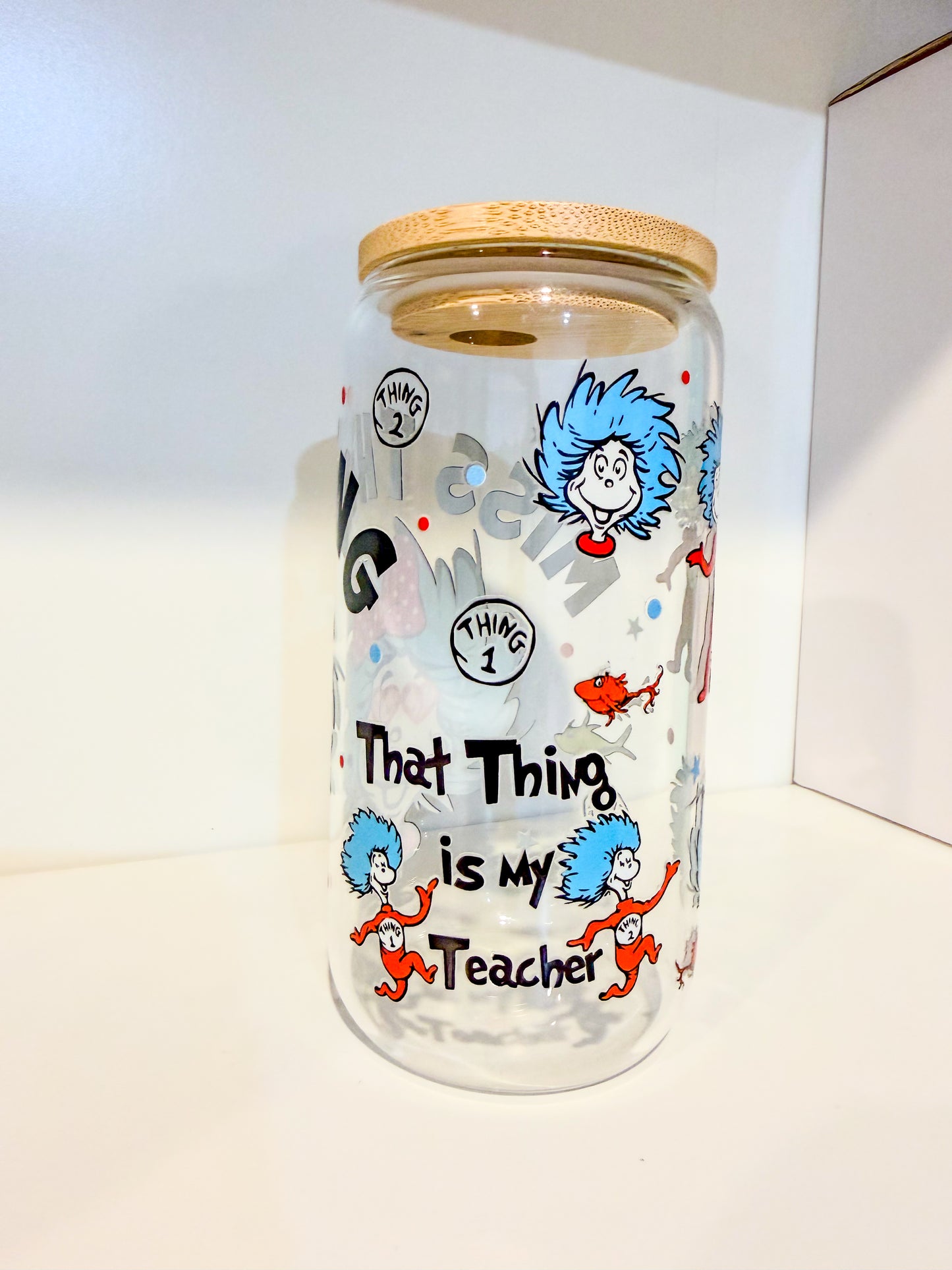 Thing 1 & Thing 2 Teacher 16oz Glass Can Cup – Dr. Seuss Inspired Glass Tumbler with Bamboo Lid