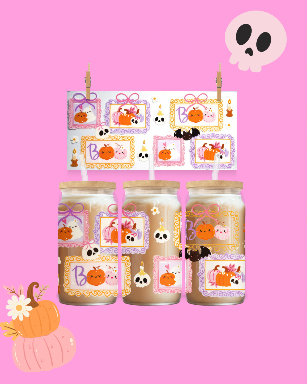 Pastel Pumpkin Boo Frames Cup Wrap UV DTF – To Suit 16oz Tumbler