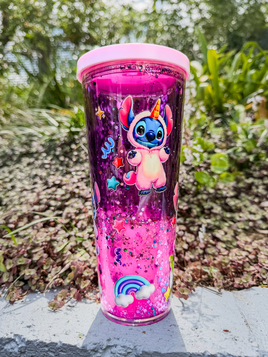 Cosmic Unicorn Lava Drip Snow Globe Stadium Cup – 24oz Purple & Pink Glitter Magic Cup