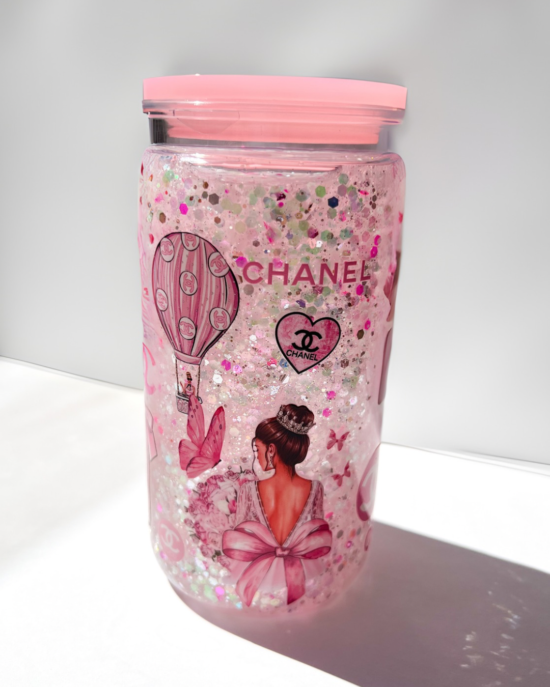 Glam Glitter Snow Globe Cup with Pink Accents