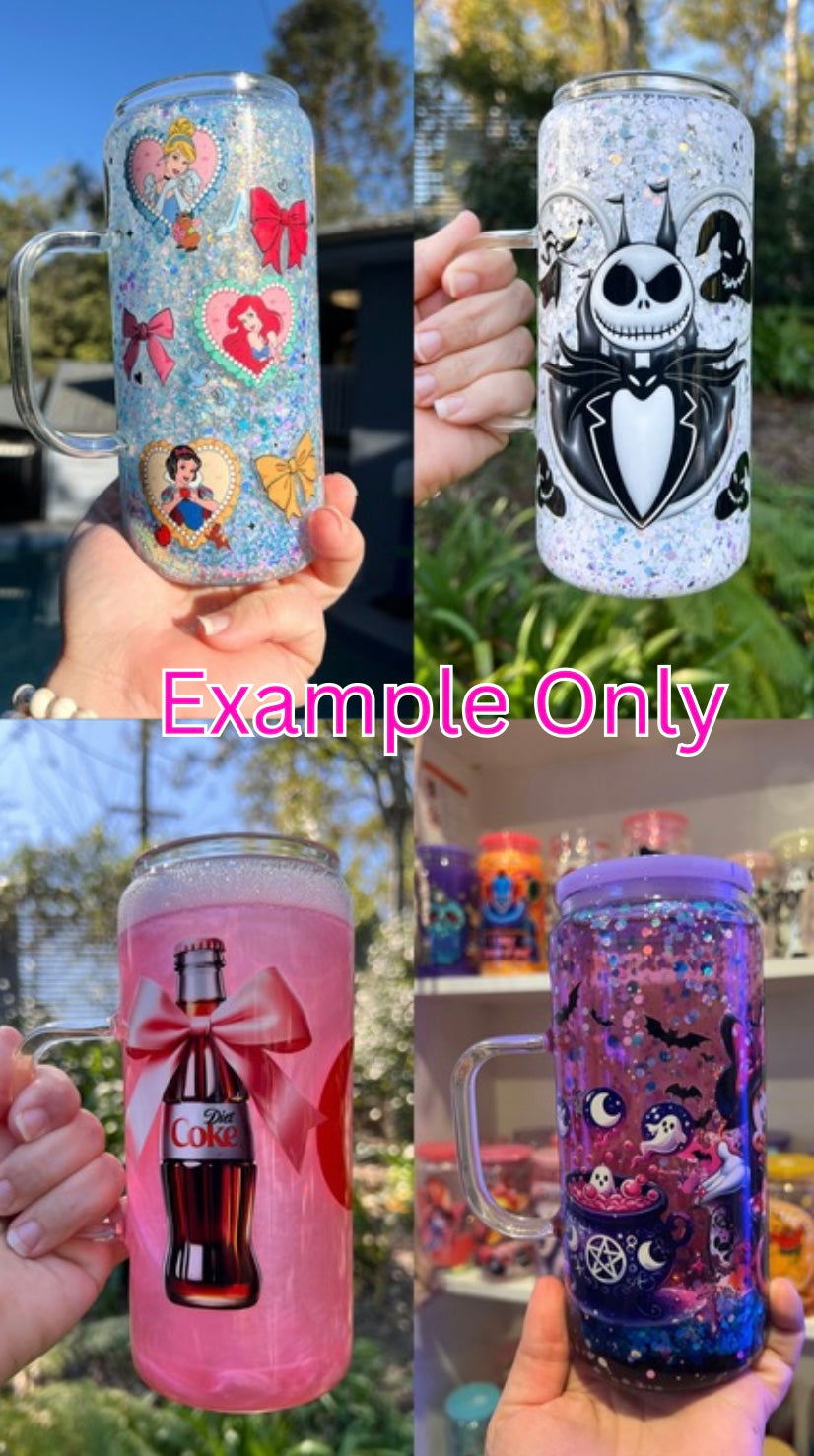 20oz Glass Snow Globe Tumbler with Handle – Custom Glitter & UV DTF Wrap