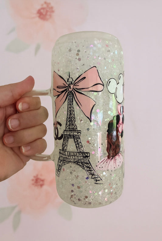 Glass White Glam Snow Globe Cup 20oz with handle
