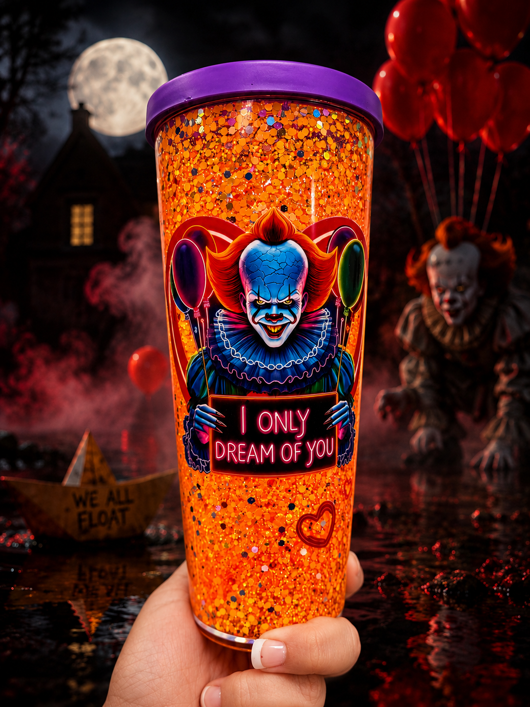 Neon Killer Clown Glitter Snow Globe Cup - 16oz