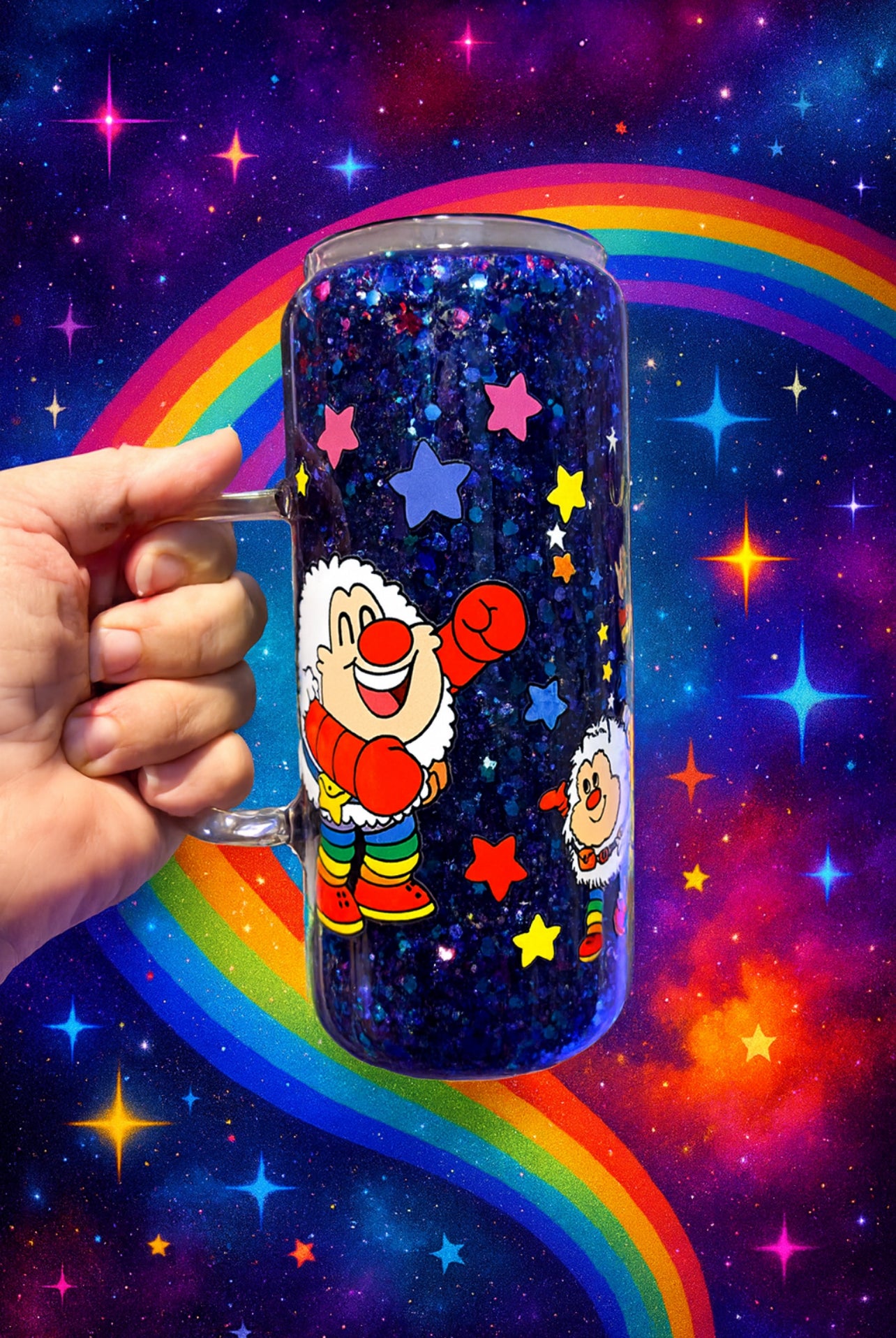 Brite Sparkle Tumbler – 80s Retro Magic Glitter Cup 20oz Glass Snow Globe with handle