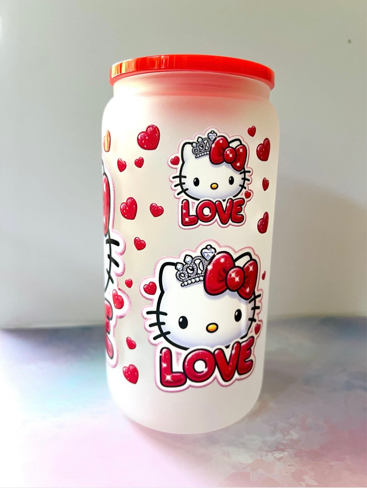 Kitty "LOVE" Frosted Glass Tumbler with Optional Red Lid