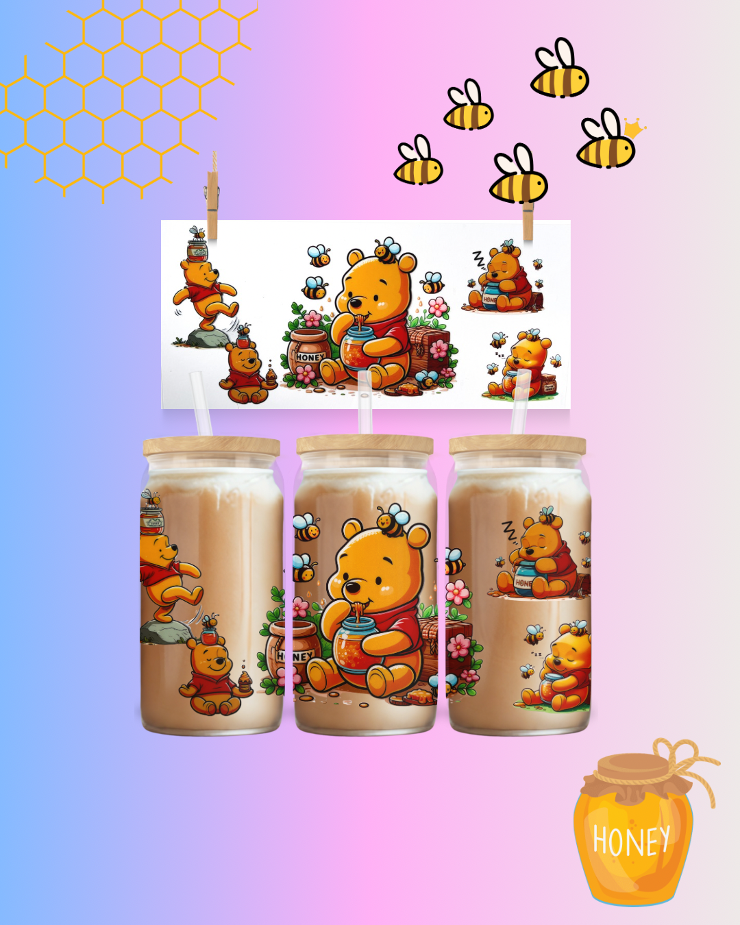 Honey Bear Bee Cup Wrap UV DTF – To Suit 16oz Tumbler